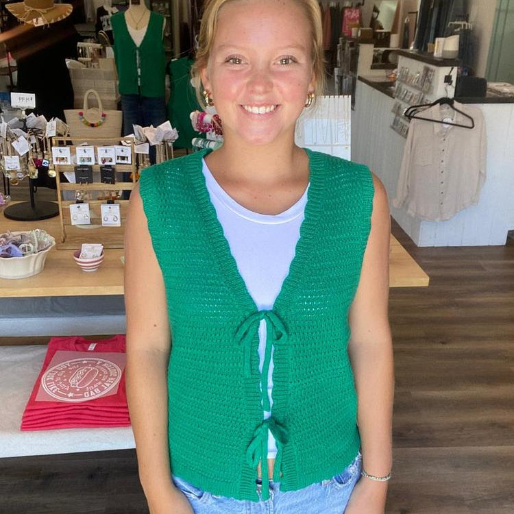 Shop Scalloped Double Tie Knit Vest - Green- at Ruby Joy Boutique, a Women's Clothing Store in Pickerington, Ohio
