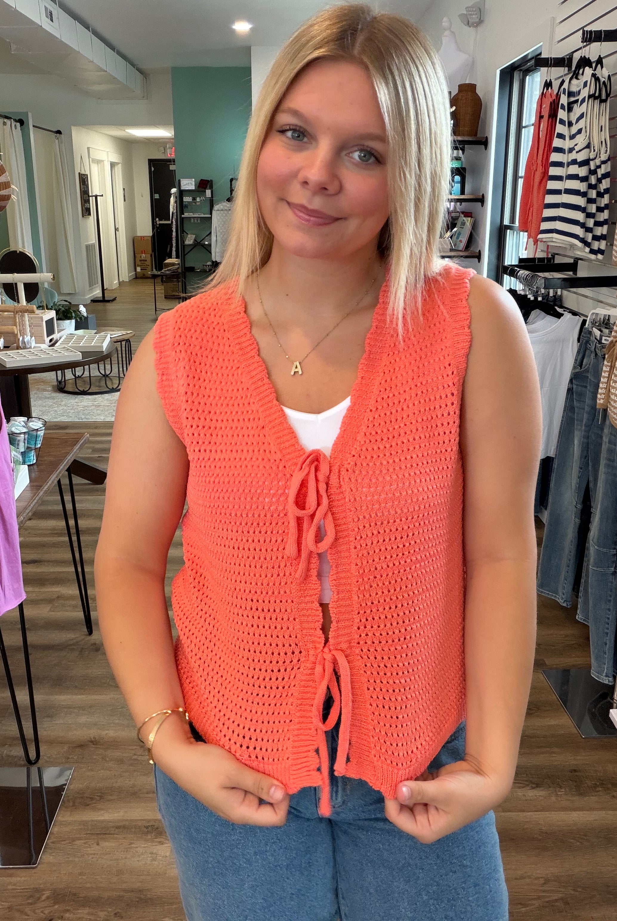 Shop Scalloped Double Tie Knit Vest - Papaya- at Ruby Joy Boutique, a Women's Clothing Store in Pickerington, Ohio