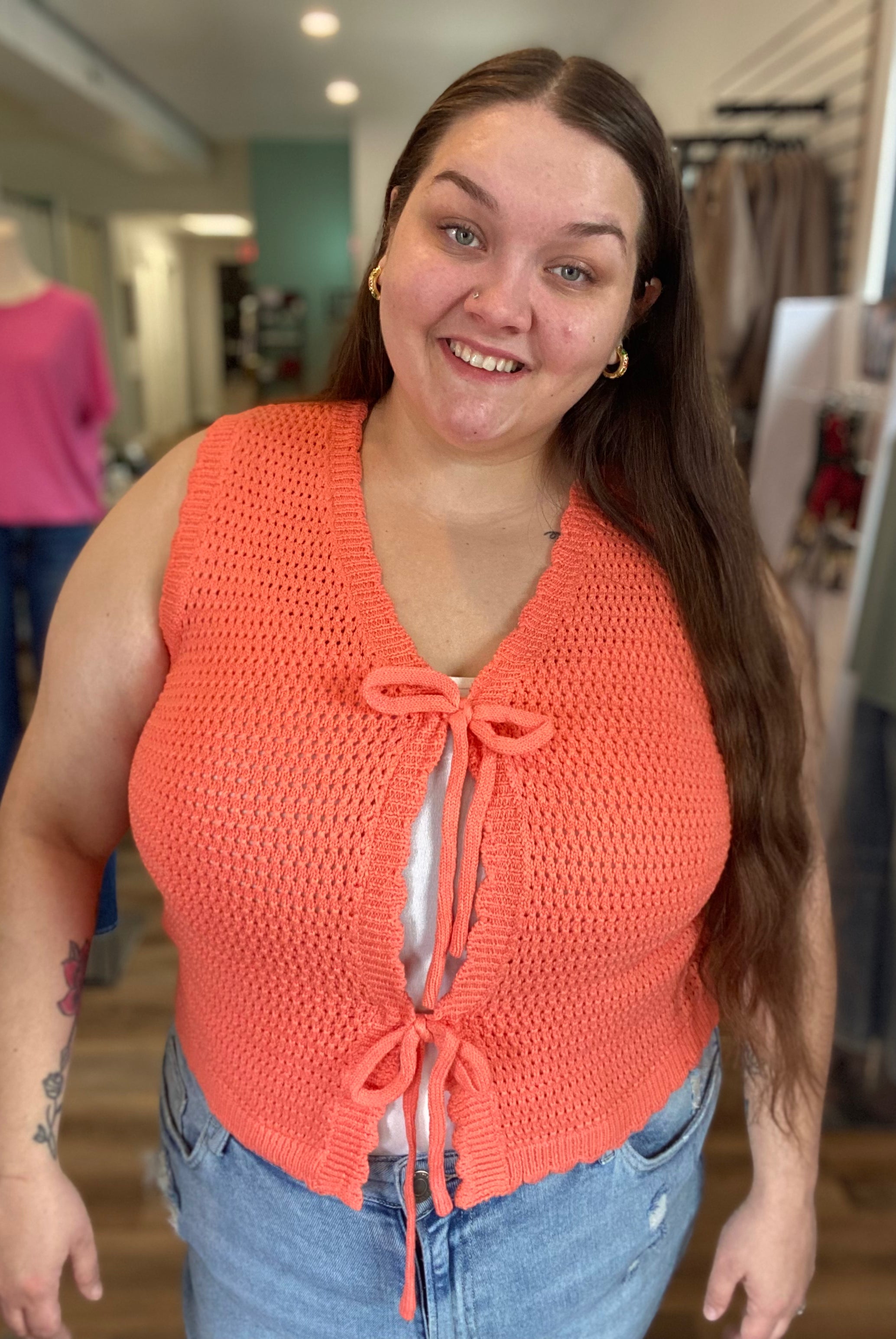 Shop Scalloped Double Tie Knit Vest - Papaya- at Ruby Joy Boutique, a Women's Clothing Store in Pickerington, Ohio