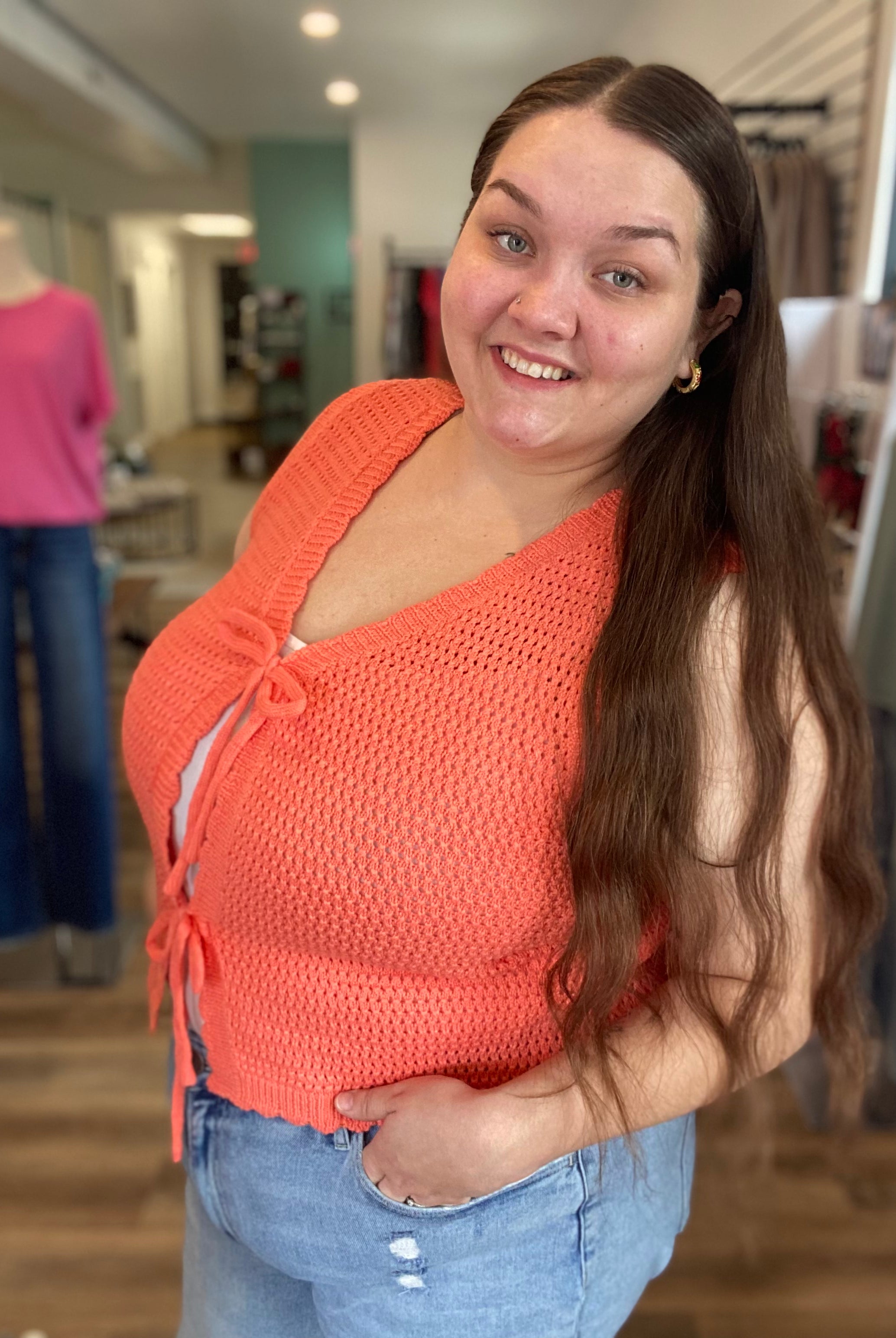 Shop Scalloped Double Tie Knit Vest - Papaya- at Ruby Joy Boutique, a Women's Clothing Store in Pickerington, Ohio