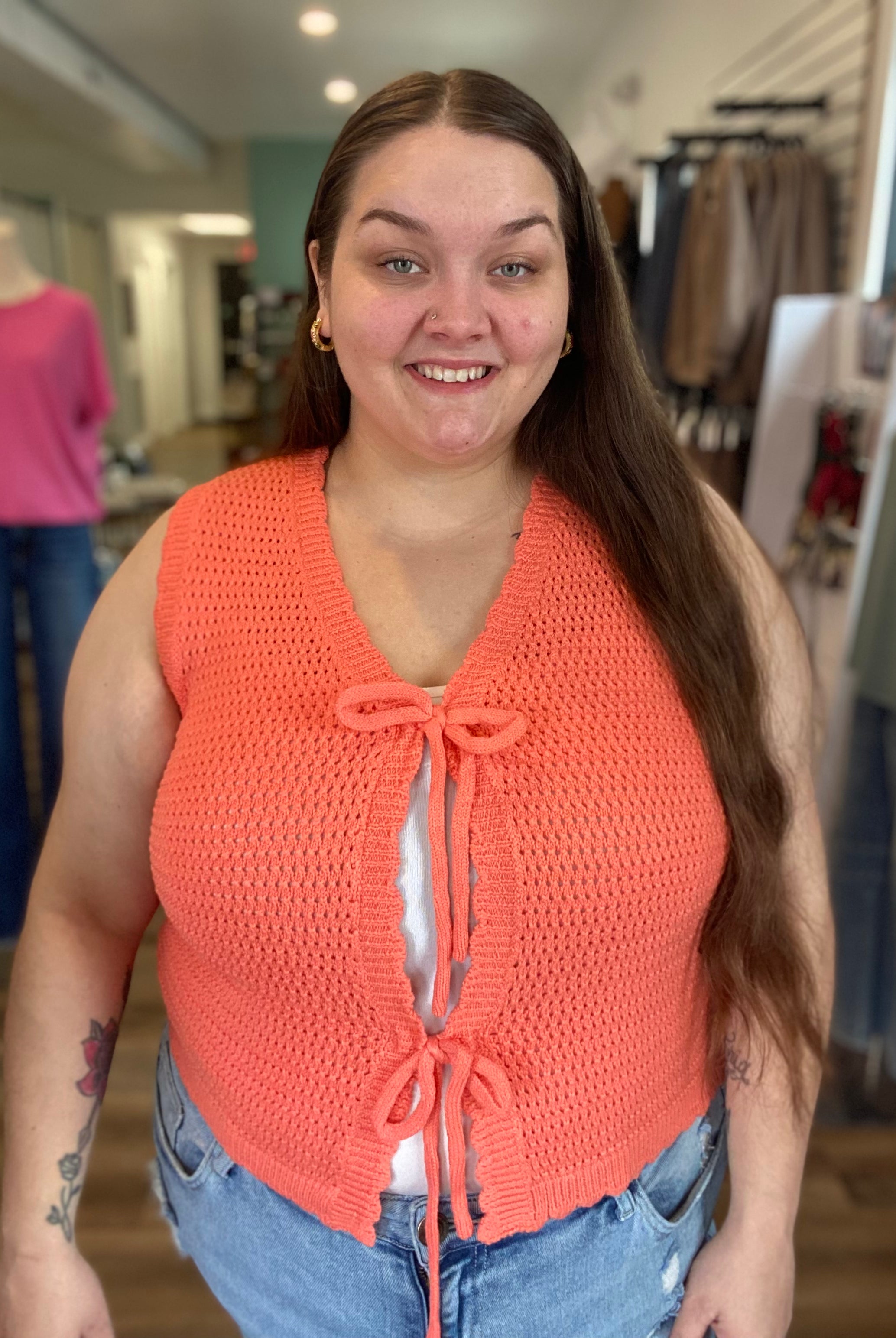 Shop Scalloped Double Tie Knit Vest - Papaya- at Ruby Joy Boutique, a Women's Clothing Store in Pickerington, Ohio