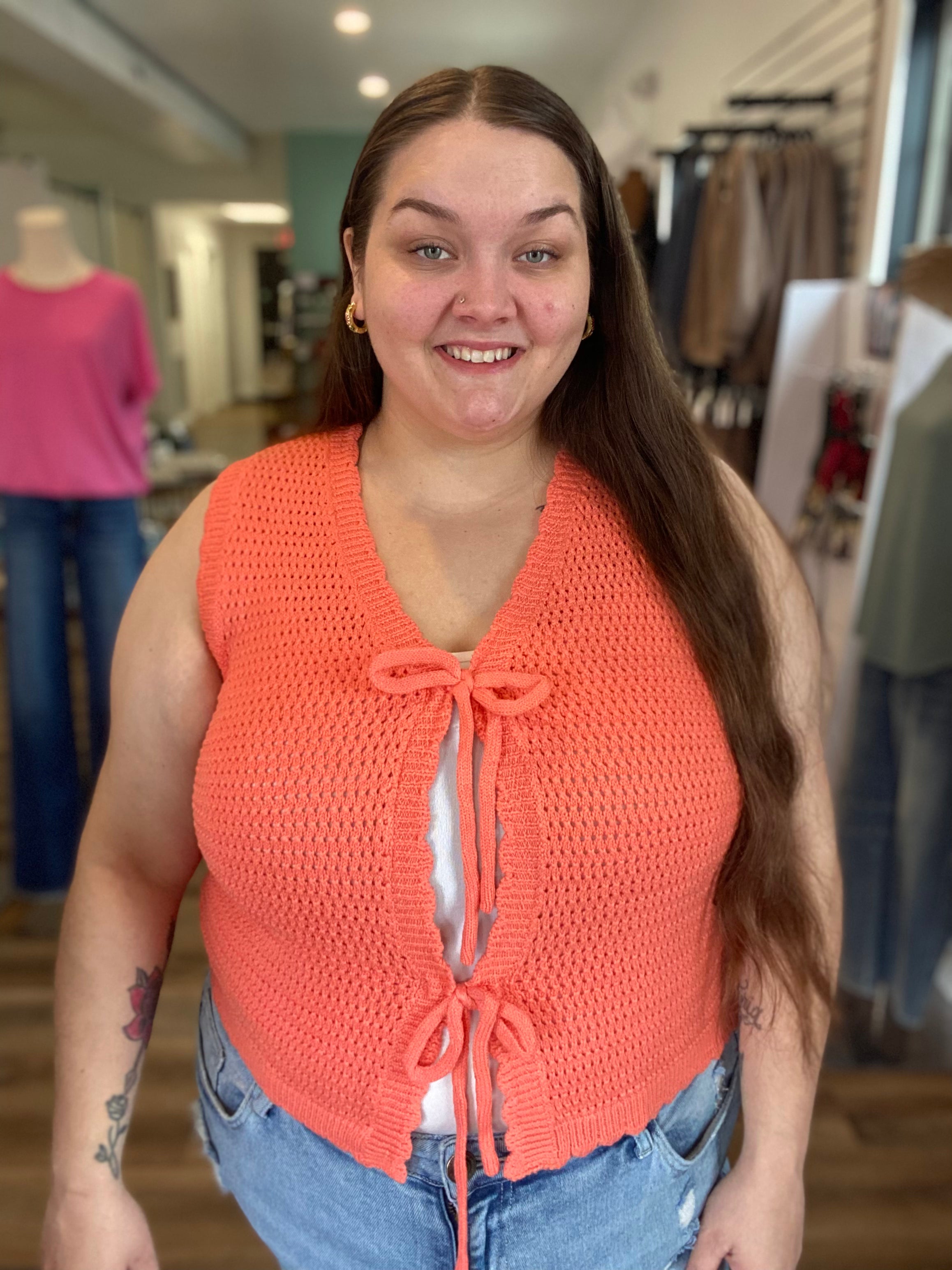 Shop Scalloped Double Tie Knit Vest - Papaya- at Ruby Joy Boutique, a Women's Clothing Store in Pickerington, Ohio