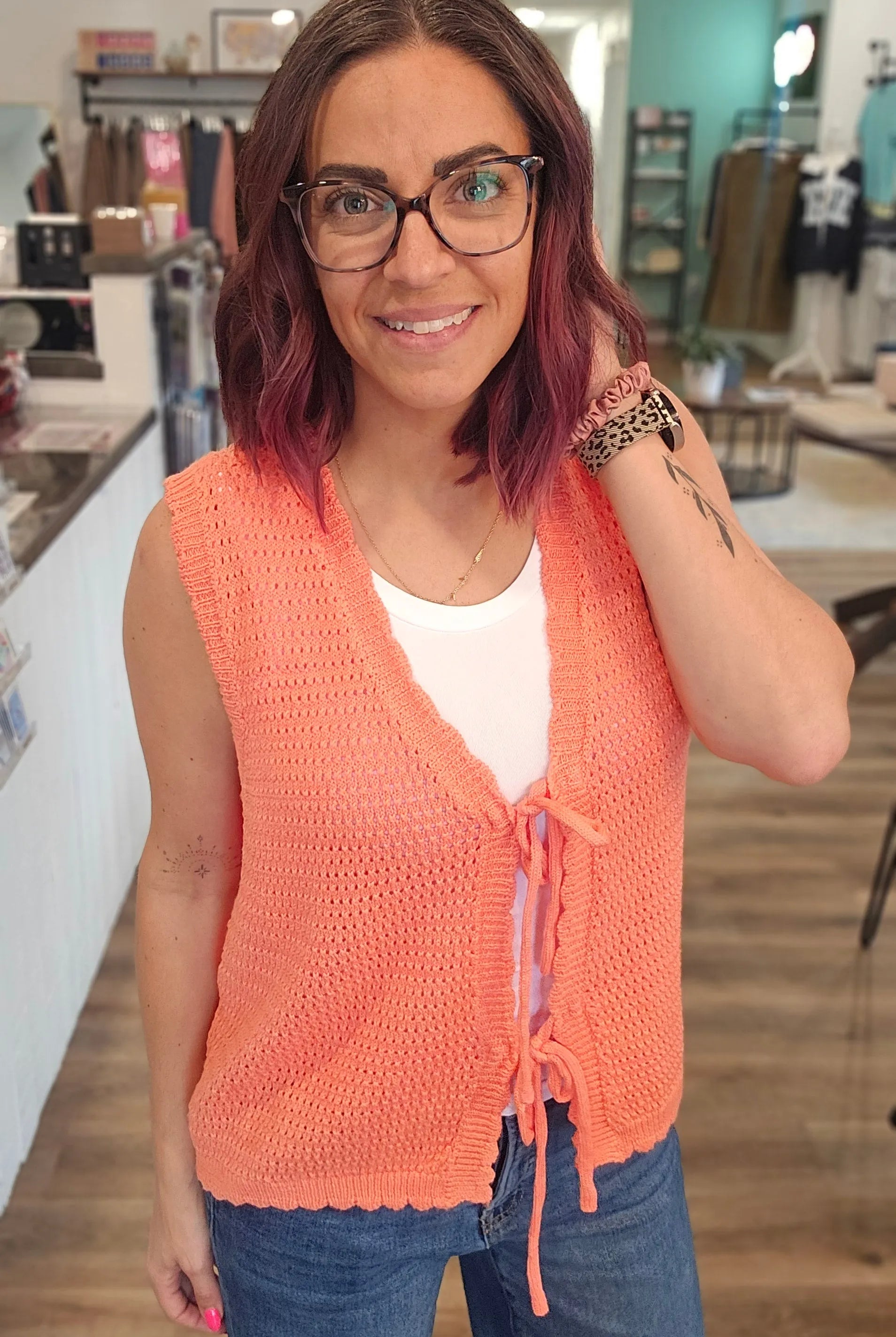 Shop Scalloped Double Tie Knit Vest - Papaya- at Ruby Joy Boutique, a Women's Clothing Store in Pickerington, Ohio