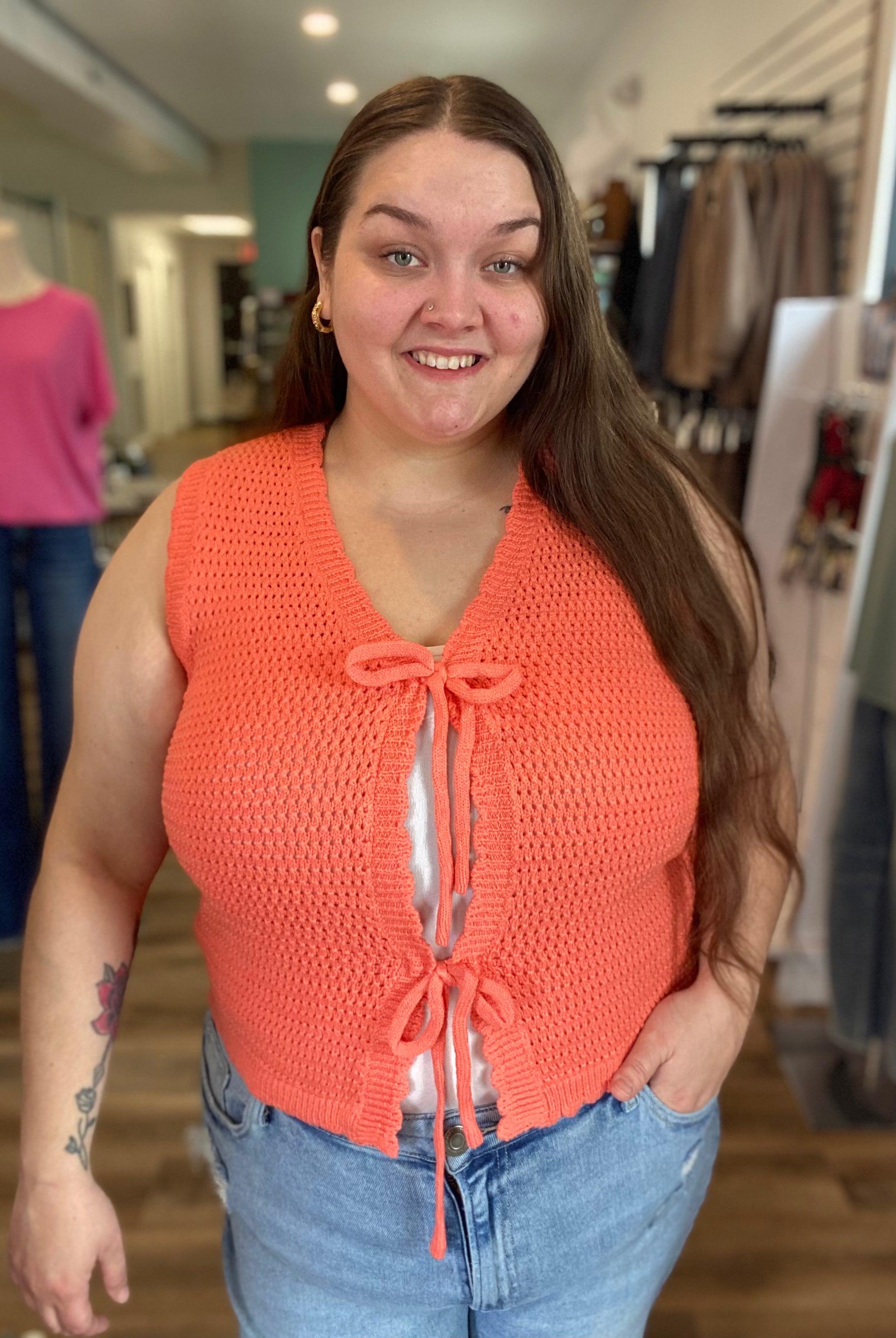 Shop Scalloped Double Tie Knit Vest - Papaya- at Ruby Joy Boutique, a Women's Clothing Store in Pickerington, Ohio