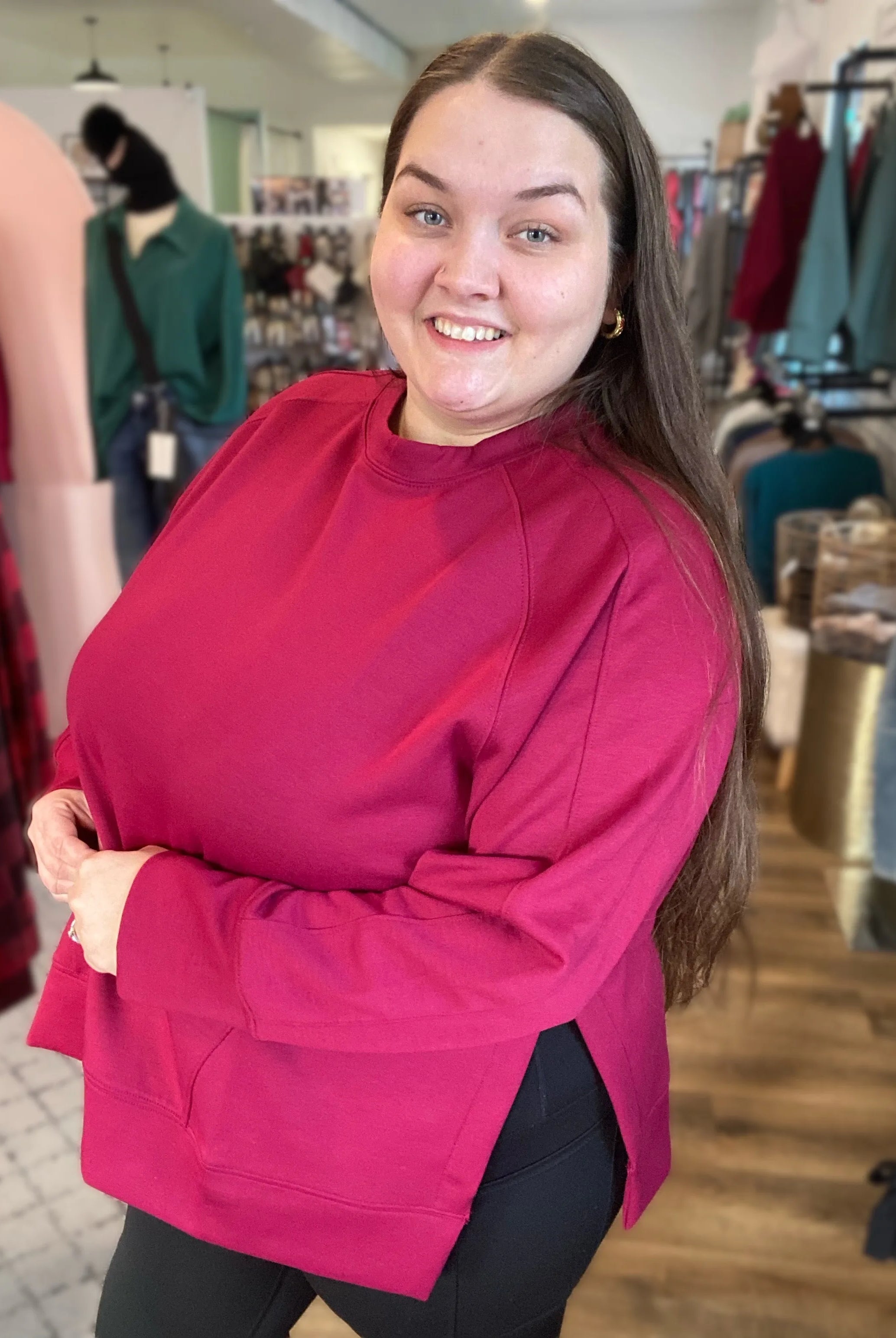 Shop Scuba Pullover with Side Slits - Cabernet- at Ruby Joy Boutique, a Women's Clothing Store in Pickerington, Ohio