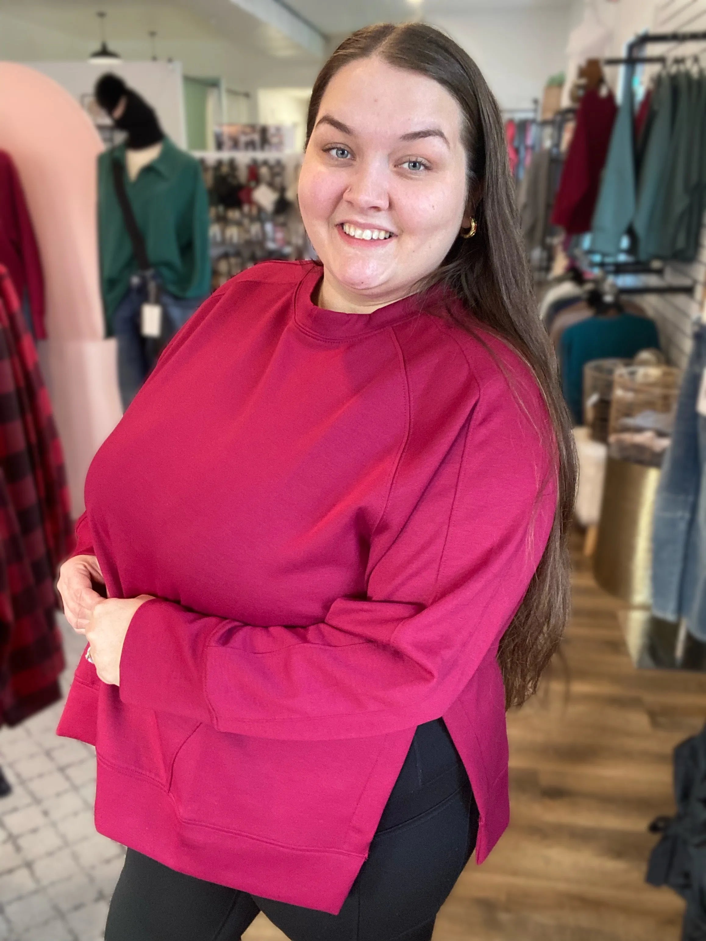 Shop Scuba Pullover with Side Slits - Cabernet- at Ruby Joy Boutique, a Women's Clothing Store in Pickerington, Ohio