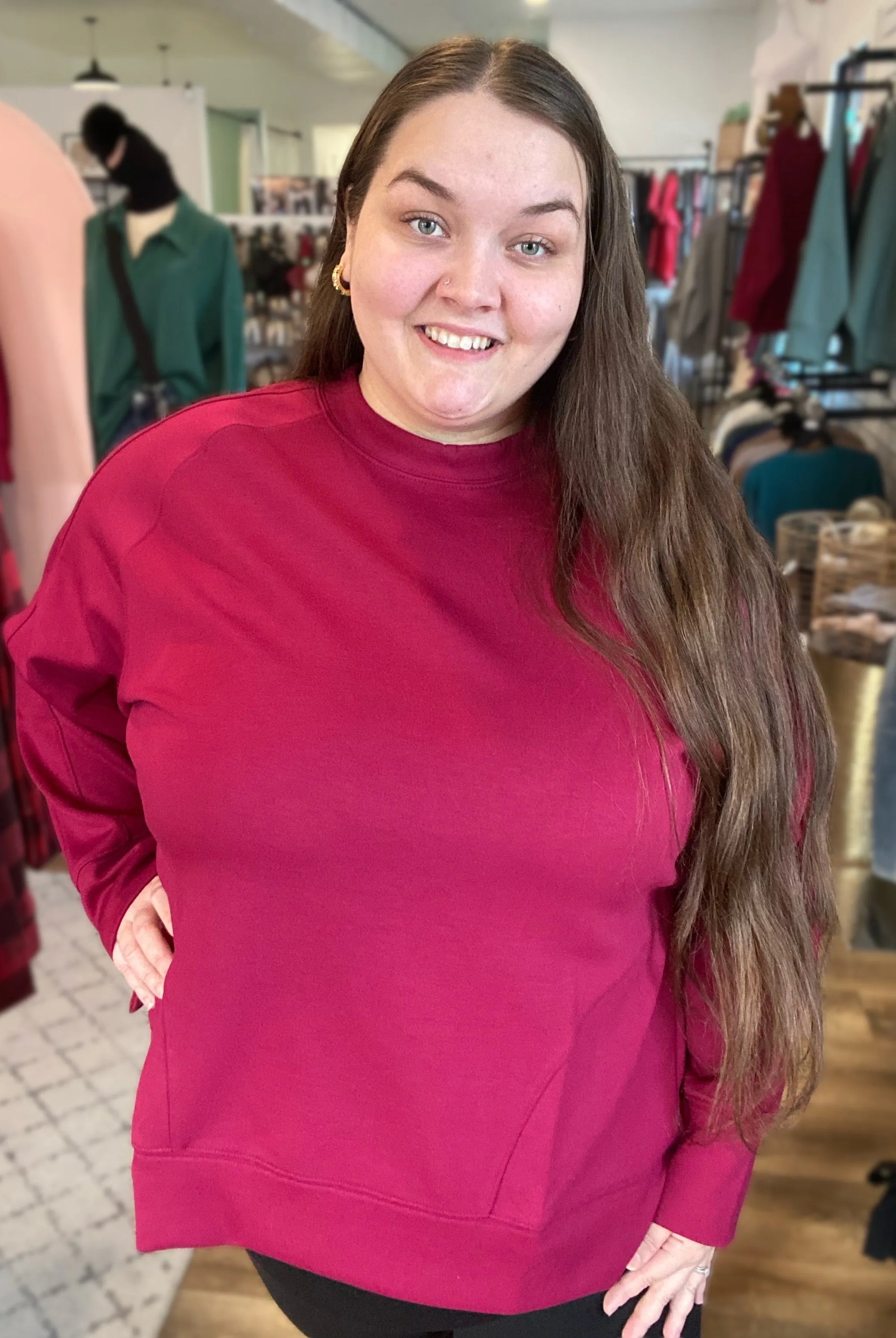 Shop Scuba Pullover with Side Slits - Cabernet- at Ruby Joy Boutique, a Women's Clothing Store in Pickerington, Ohio