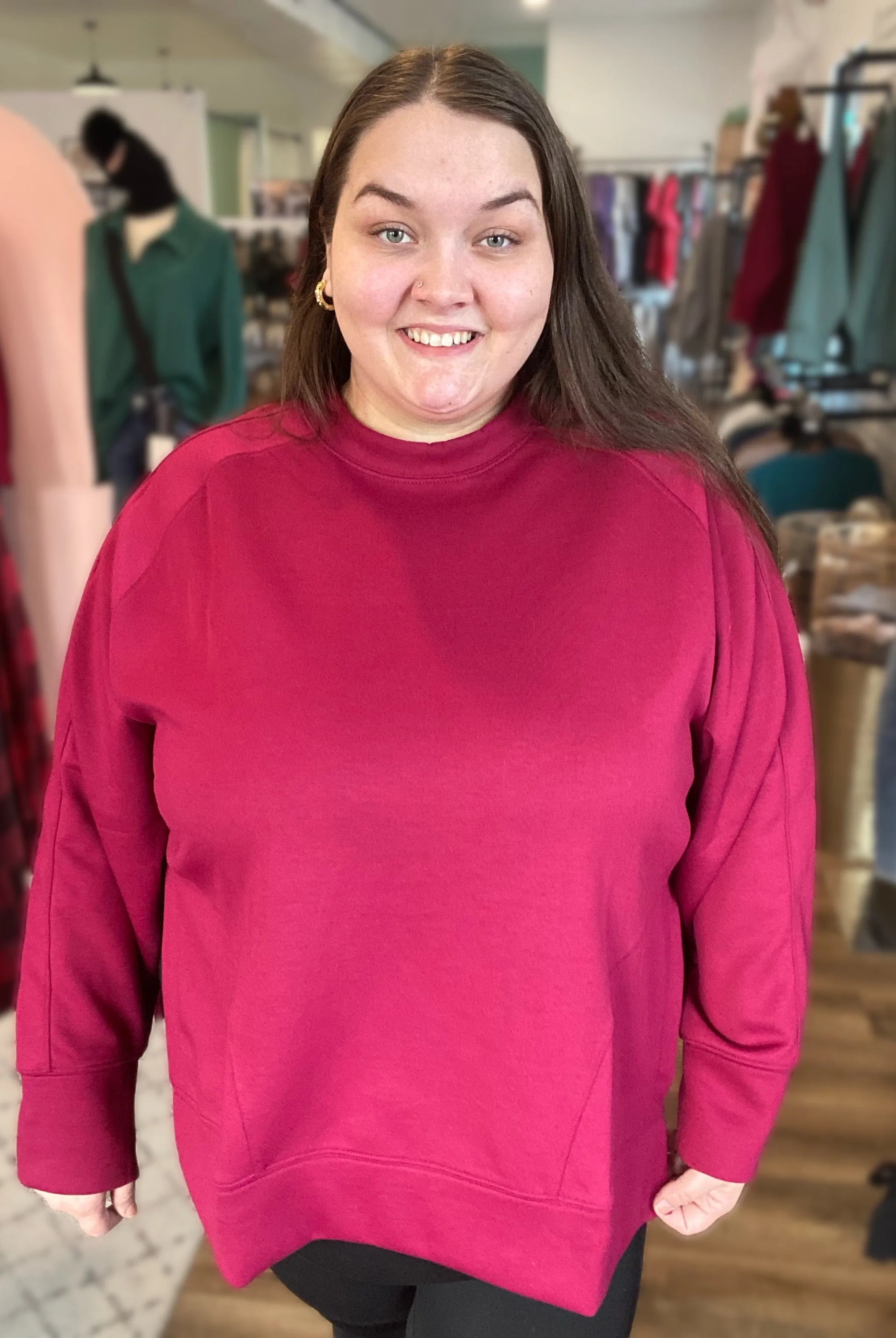 Shop Scuba Pullover with Side Slits - Cabernet- at Ruby Joy Boutique, a Women's Clothing Store in Pickerington, Ohio