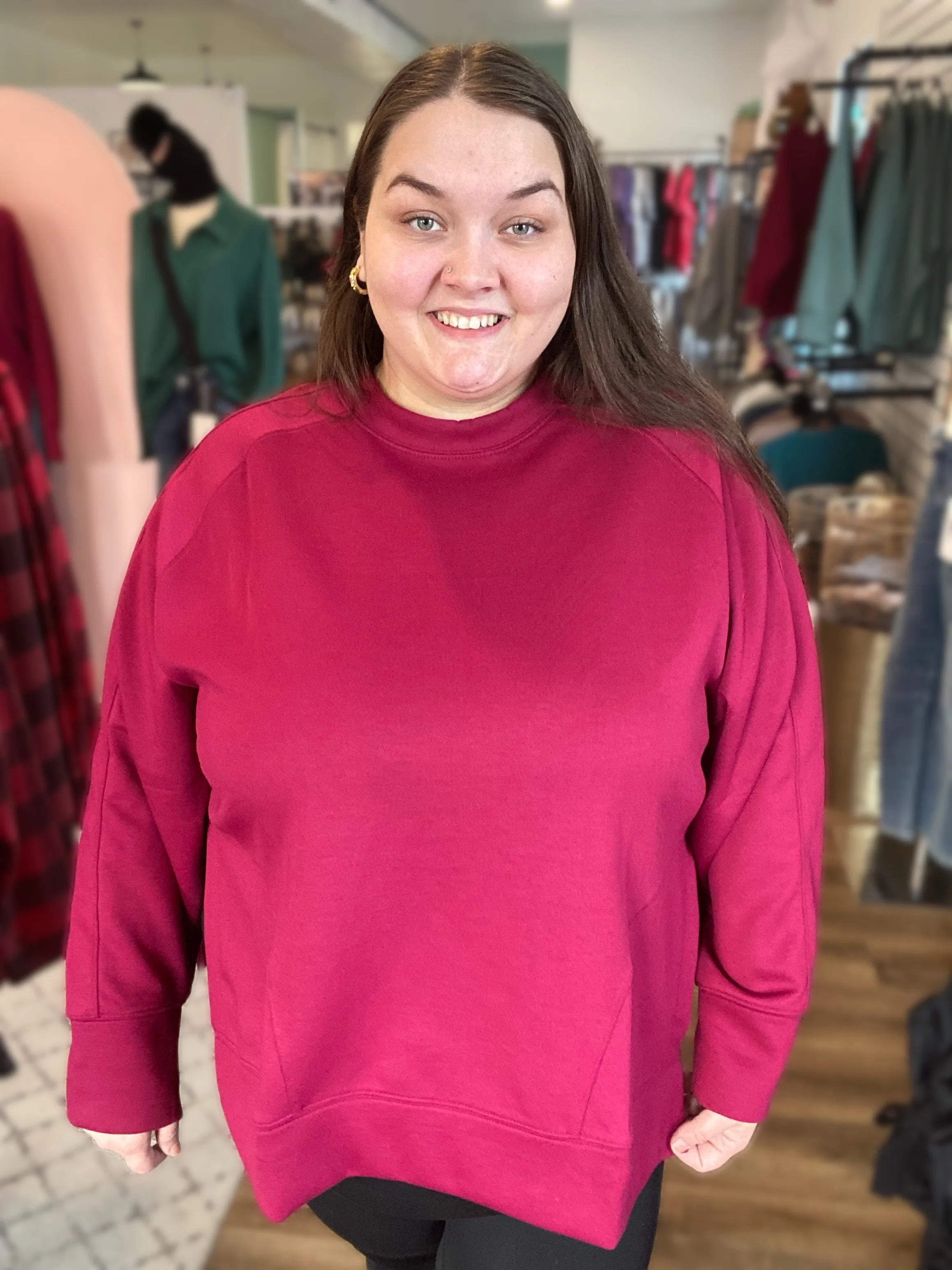 Shop Scuba Pullover with Side Slits - Cabernet- at Ruby Joy Boutique, a Women's Clothing Store in Pickerington, Ohio