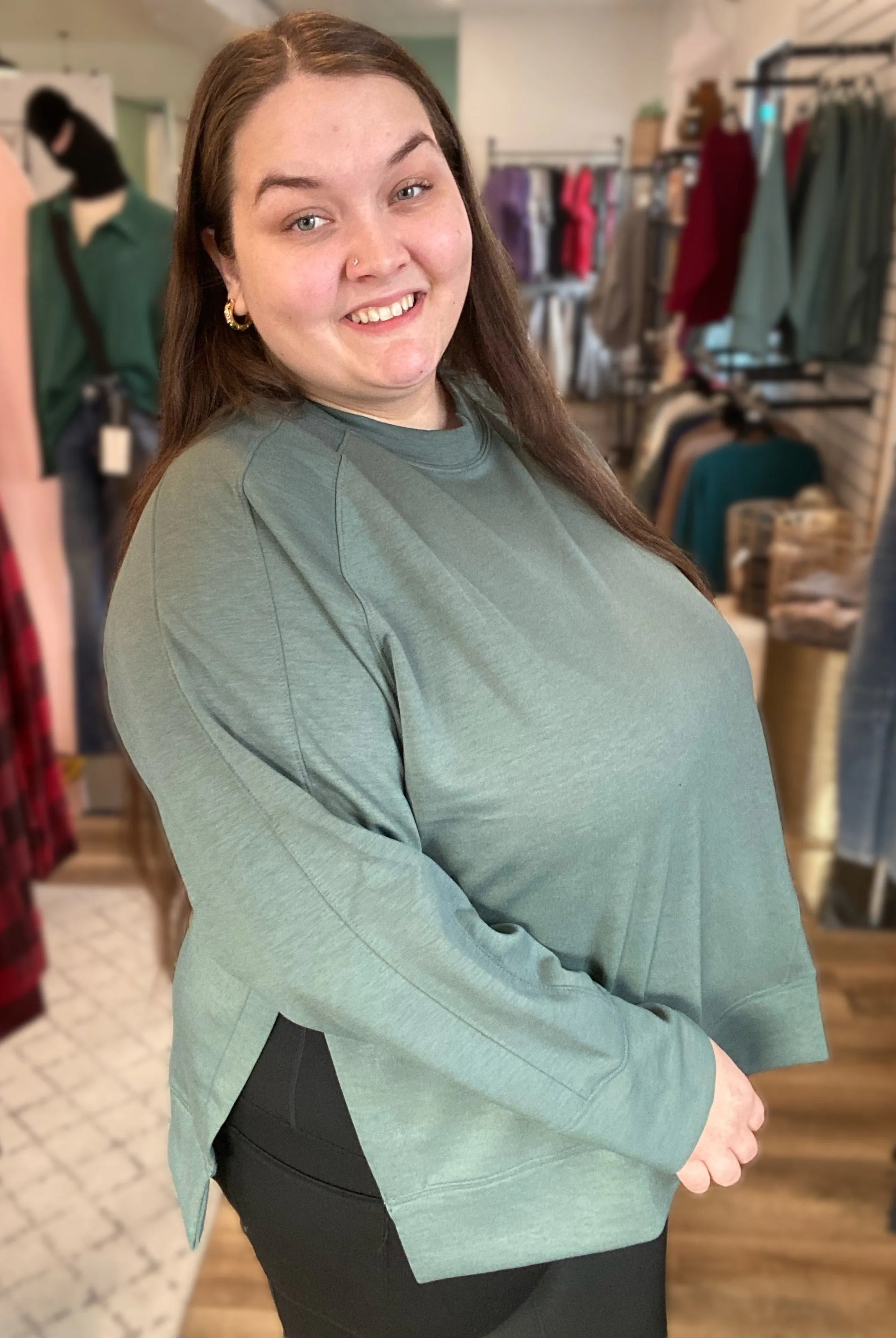 Shop Scuba Pullover with Side Slits - Forest Green- at Ruby Joy Boutique, a Women's Clothing Store in Pickerington, Ohio