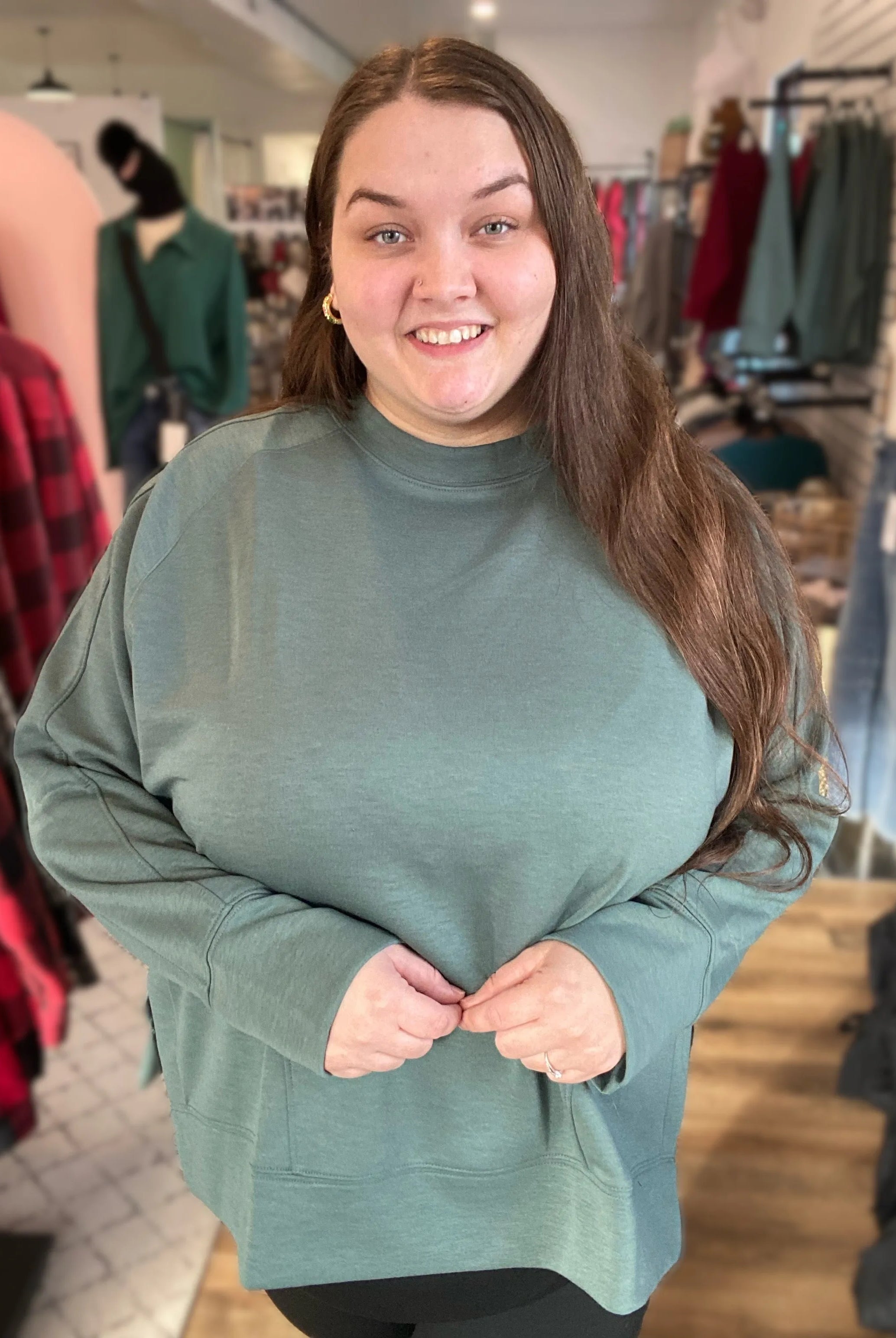 Shop Scuba Pullover with Side Slits - Forest Green- at Ruby Joy Boutique, a Women's Clothing Store in Pickerington, Ohio
