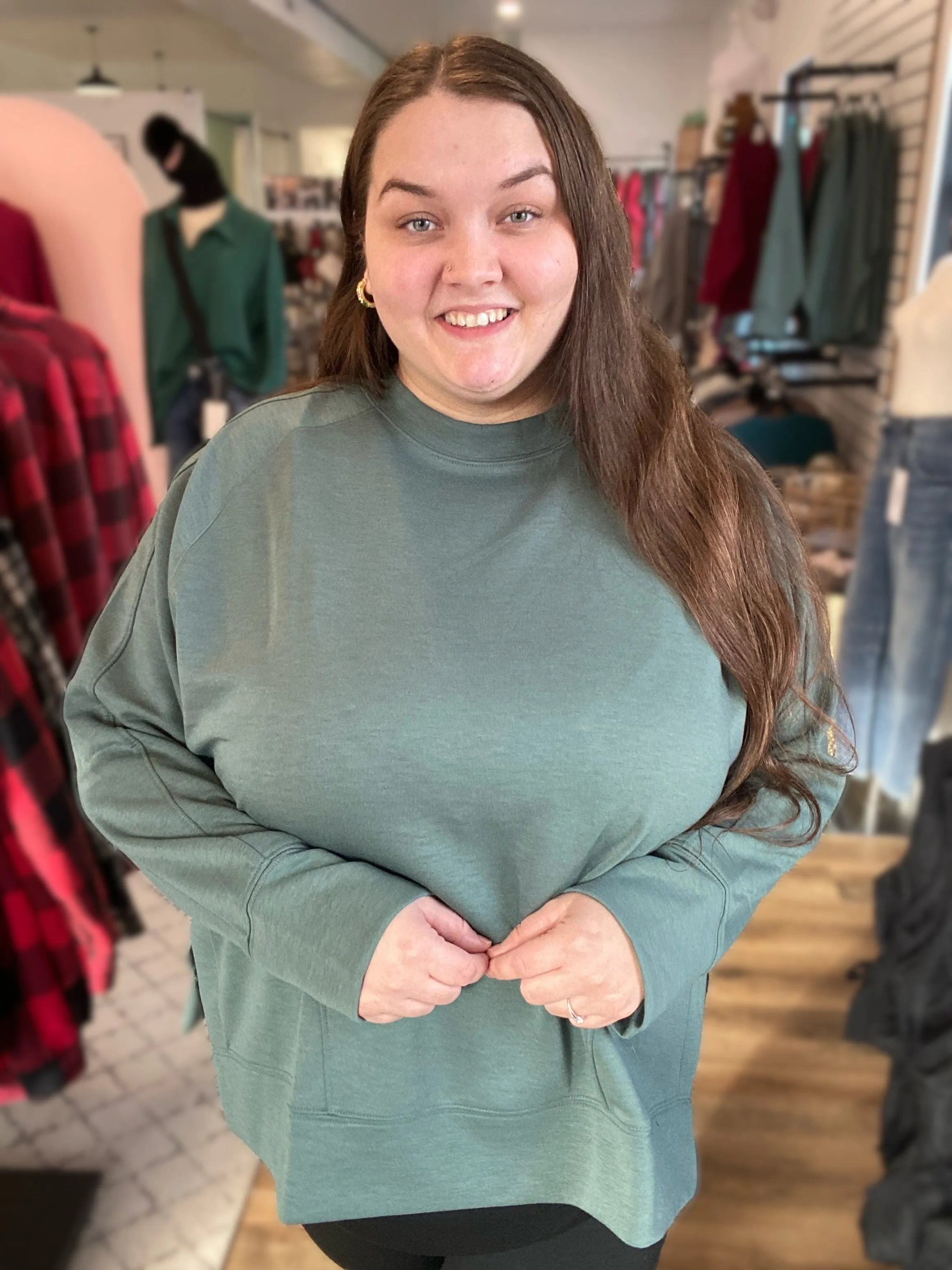 Shop Scuba Pullover with Side Slits - Forest Green- at Ruby Joy Boutique, a Women's Clothing Store in Pickerington, Ohio