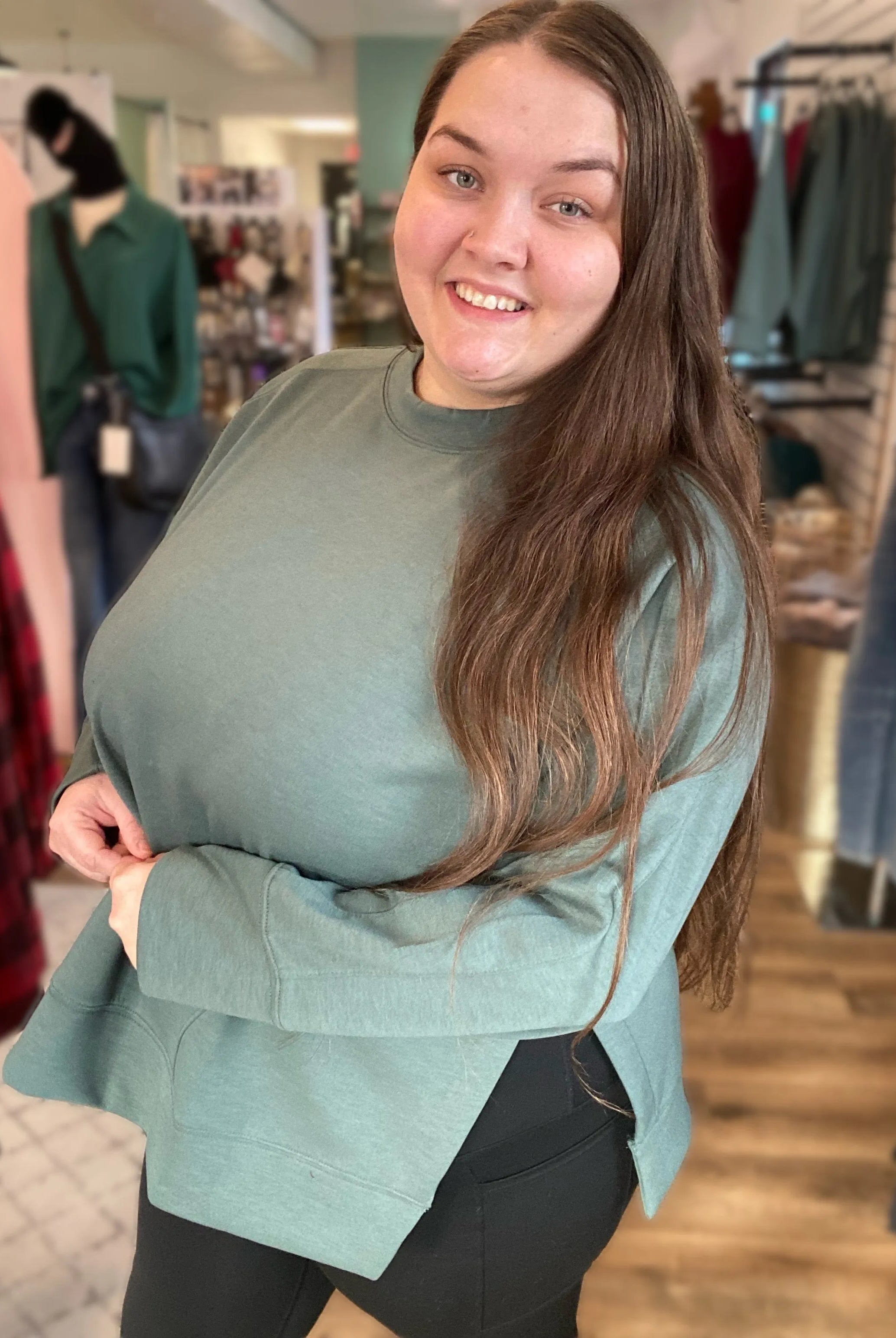 Shop Scuba Pullover with Side Slits - Forest Green- at Ruby Joy Boutique, a Women's Clothing Store in Pickerington, Ohio