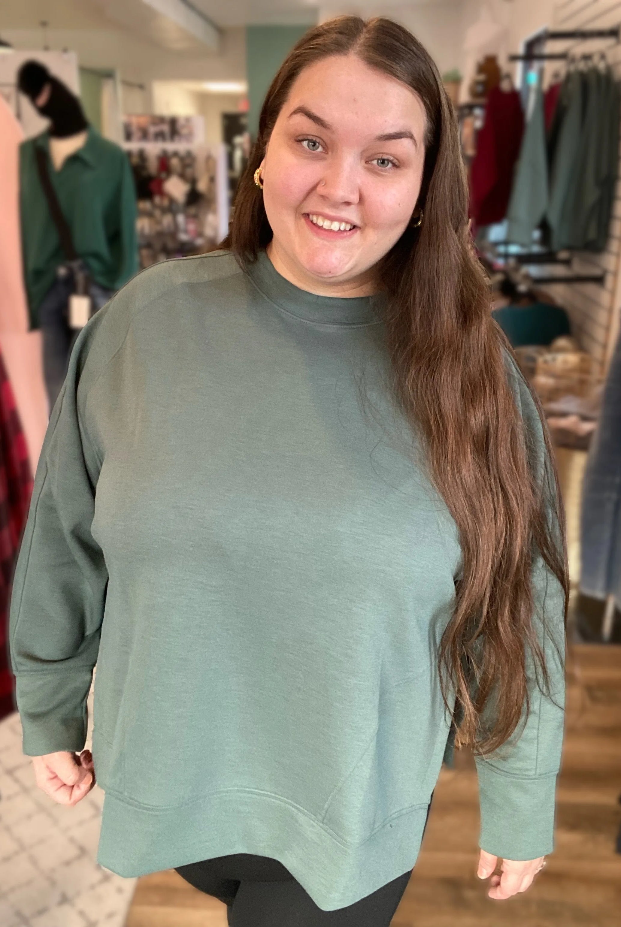 Shop Scuba Pullover with Side Slits - Forest Green- at Ruby Joy Boutique, a Women's Clothing Store in Pickerington, Ohio
