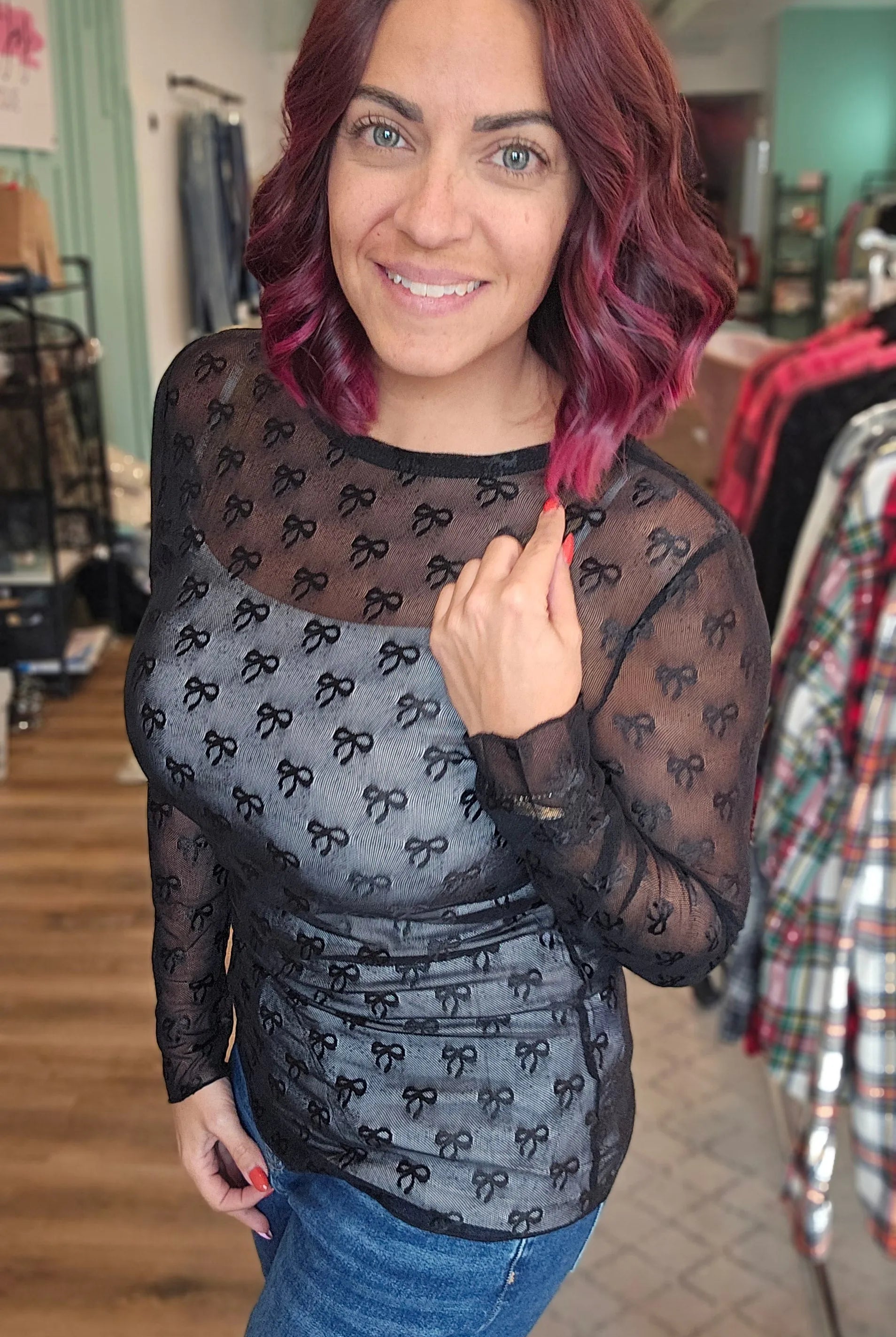 Shop Sheer Long Sleeve Layering Top - Black Bow Lace- at Ruby Joy Boutique, a Women's Clothing Store in Pickerington, Ohio