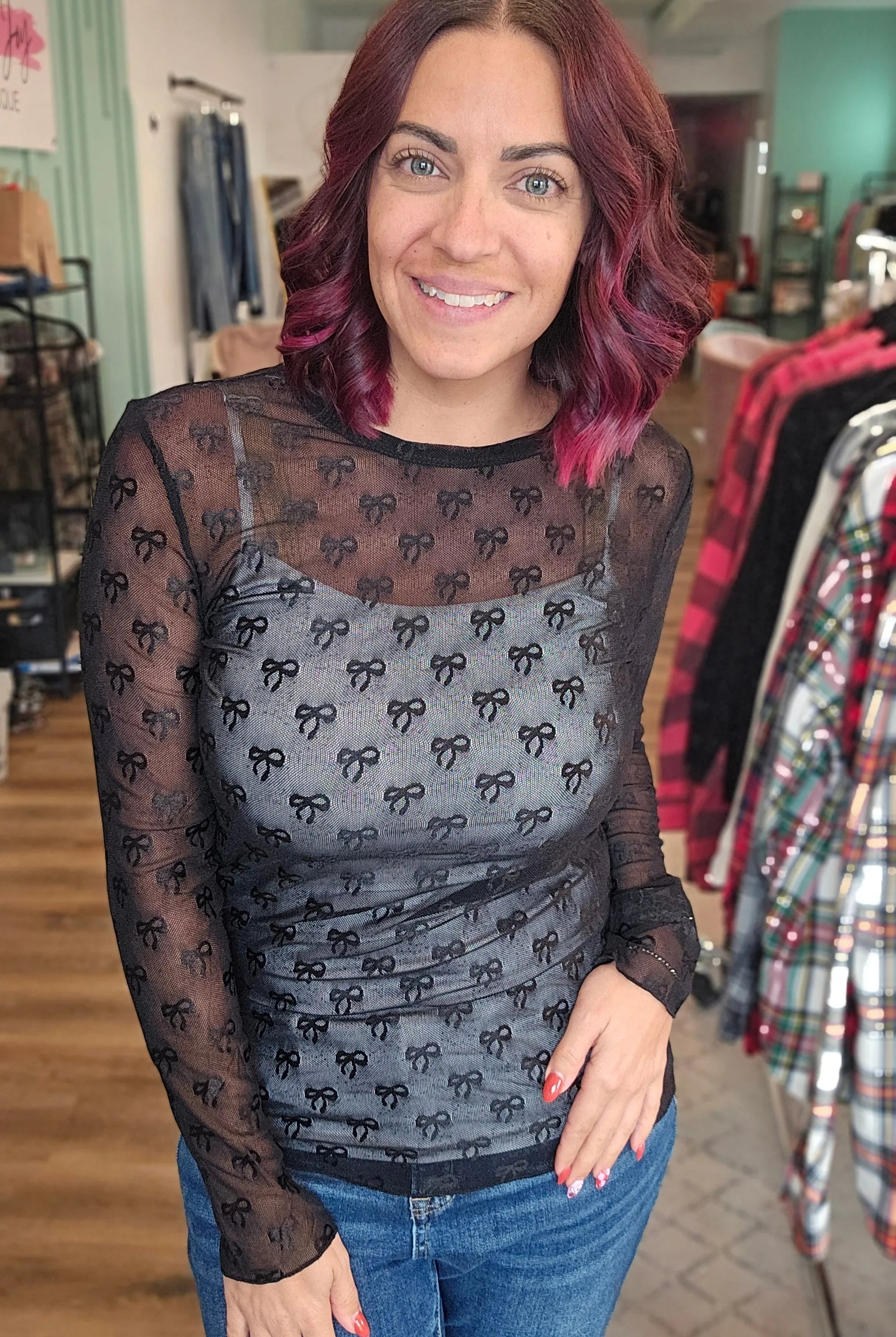 Shop Sheer Long Sleeve Layering Top - Black Bow Lace- at Ruby Joy Boutique, a Women's Clothing Store in Pickerington, Ohio