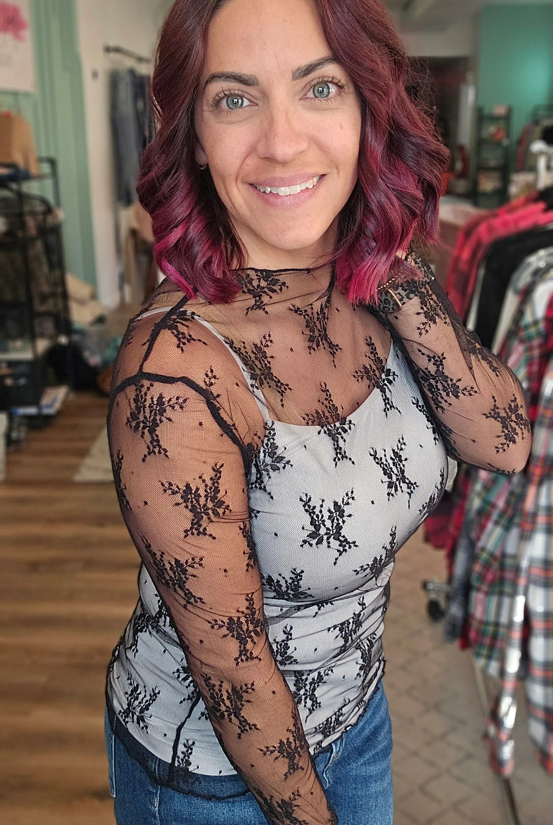 Shop Sheer Long Sleeve Layering Top - Black Floral Lace- at Ruby Joy Boutique, a Women's Clothing Store in Pickerington, Ohio