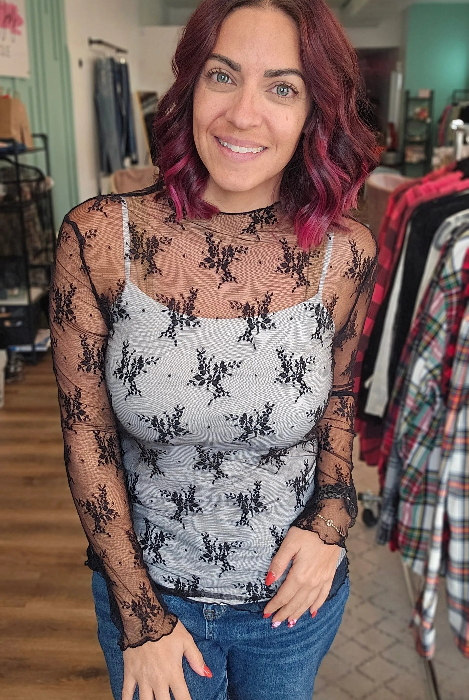 Shop Sheer Long Sleeve Layering Top - Black Floral Lace- at Ruby Joy Boutique, a Women's Clothing Store in Pickerington, Ohio