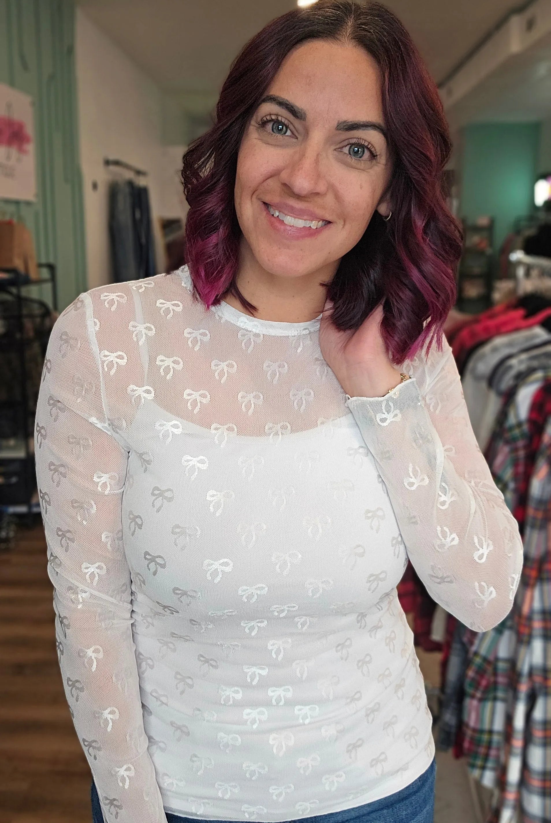 Shop Sheer Long Sleeve Layering Top - White Bow Lace- at Ruby Joy Boutique, a Women's Clothing Store in Pickerington, Ohio