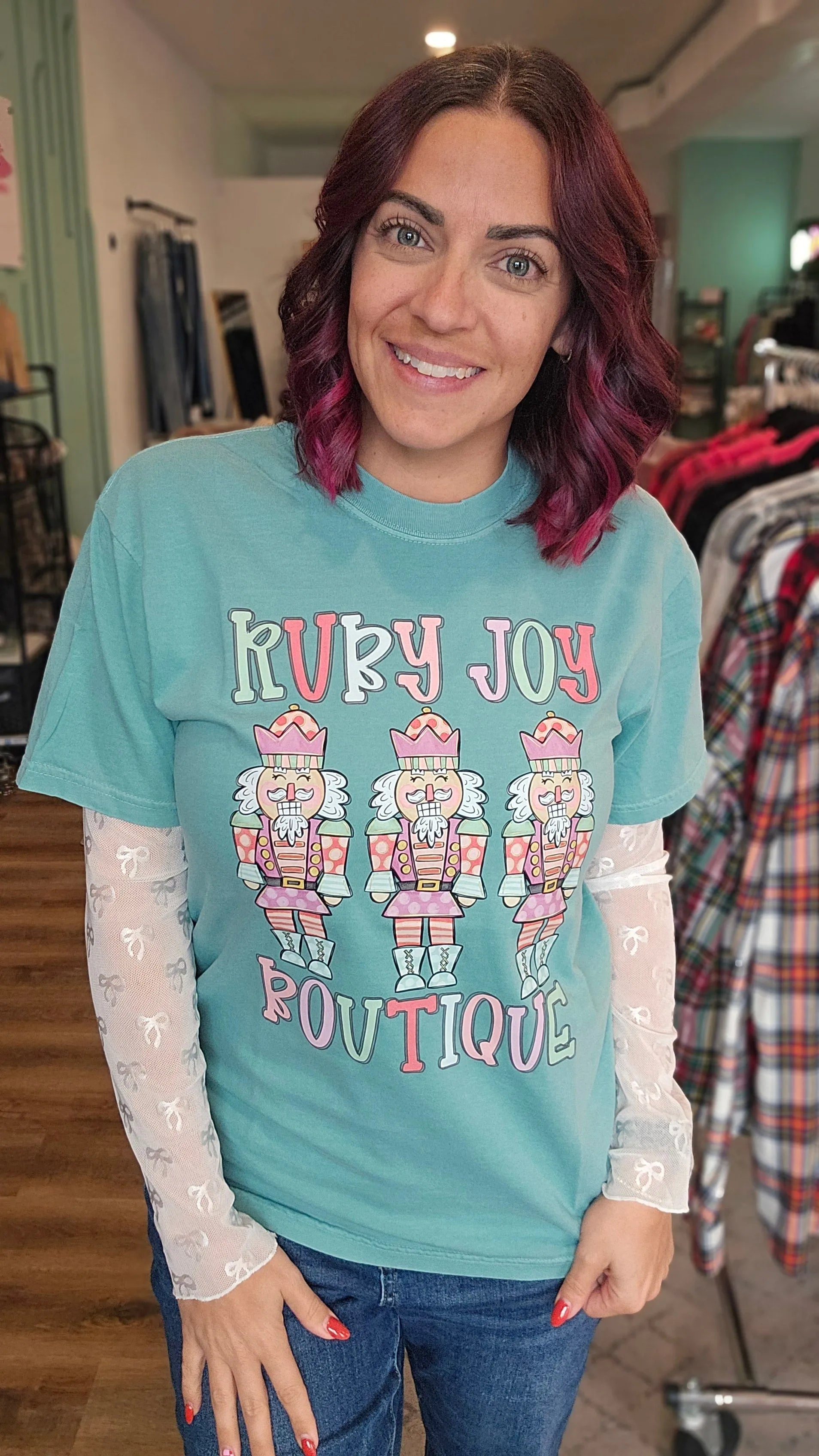 Shop Sheer Long Sleeve Layering Top - White Bow Lace- at Ruby Joy Boutique, a Women's Clothing Store in Pickerington, Ohio
