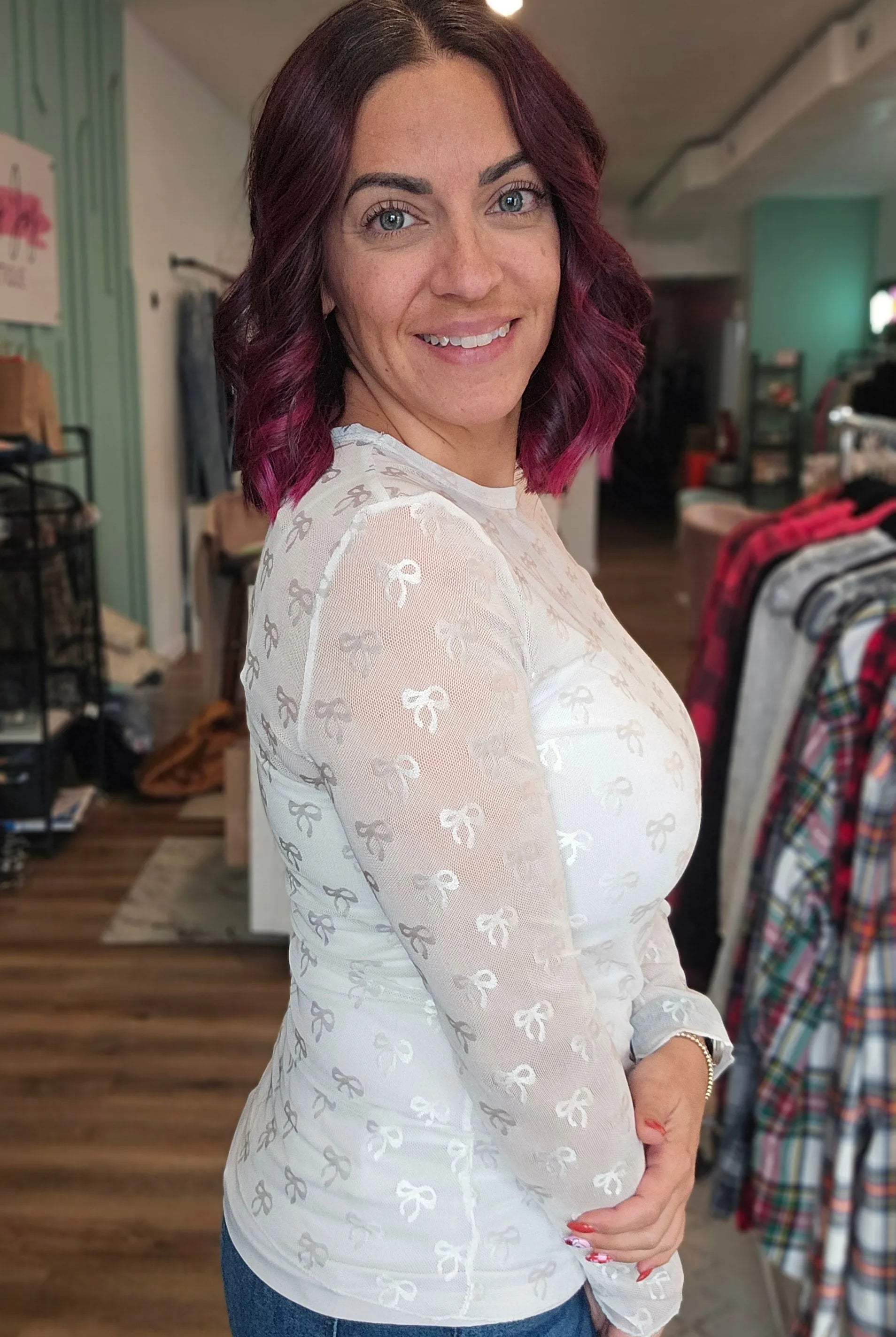Shop Sheer Long Sleeve Layering Top - White Bow Lace- at Ruby Joy Boutique, a Women's Clothing Store in Pickerington, Ohio