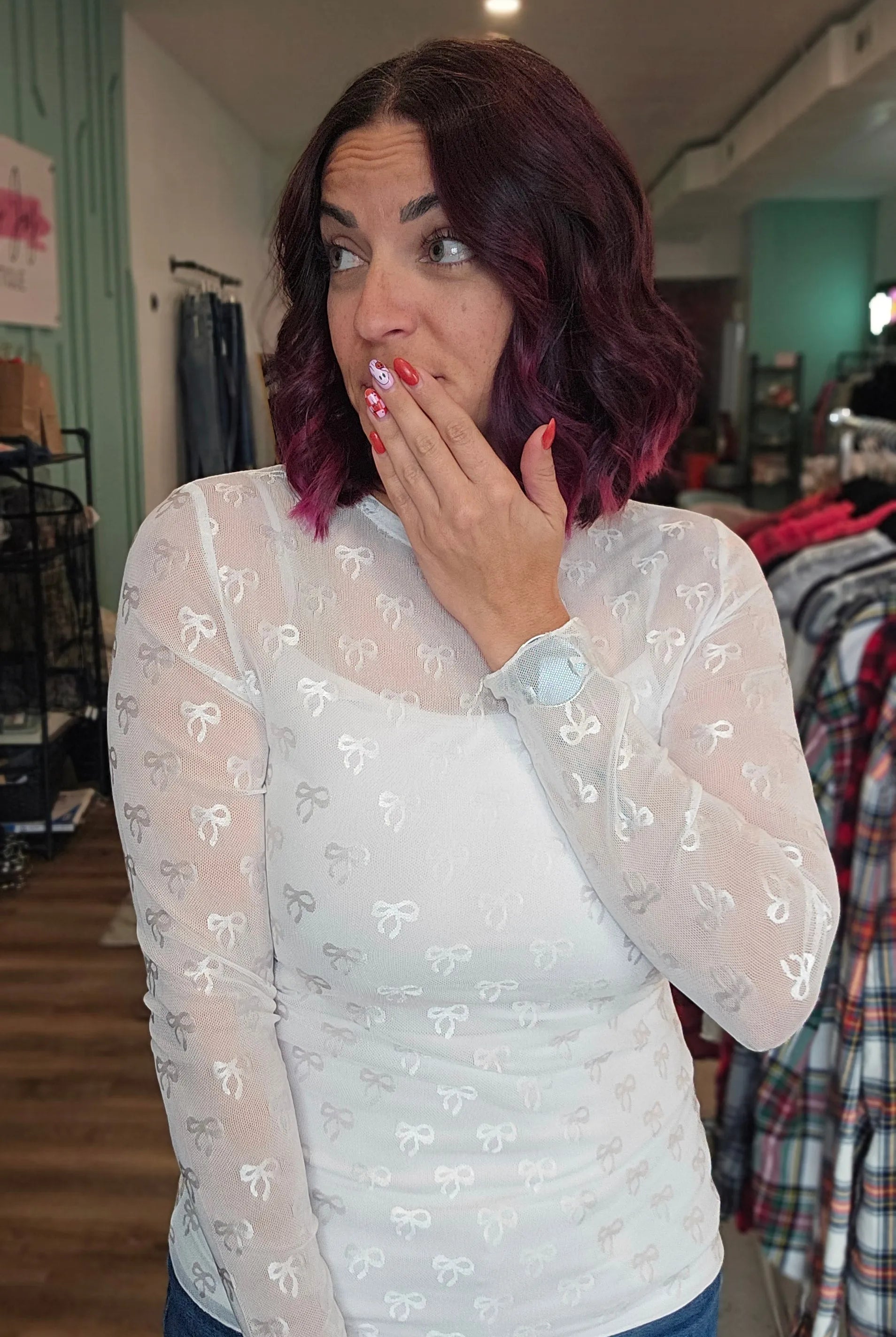 Shop Sheer Long Sleeve Layering Top - White Bow Lace- at Ruby Joy Boutique, a Women's Clothing Store in Pickerington, Ohio