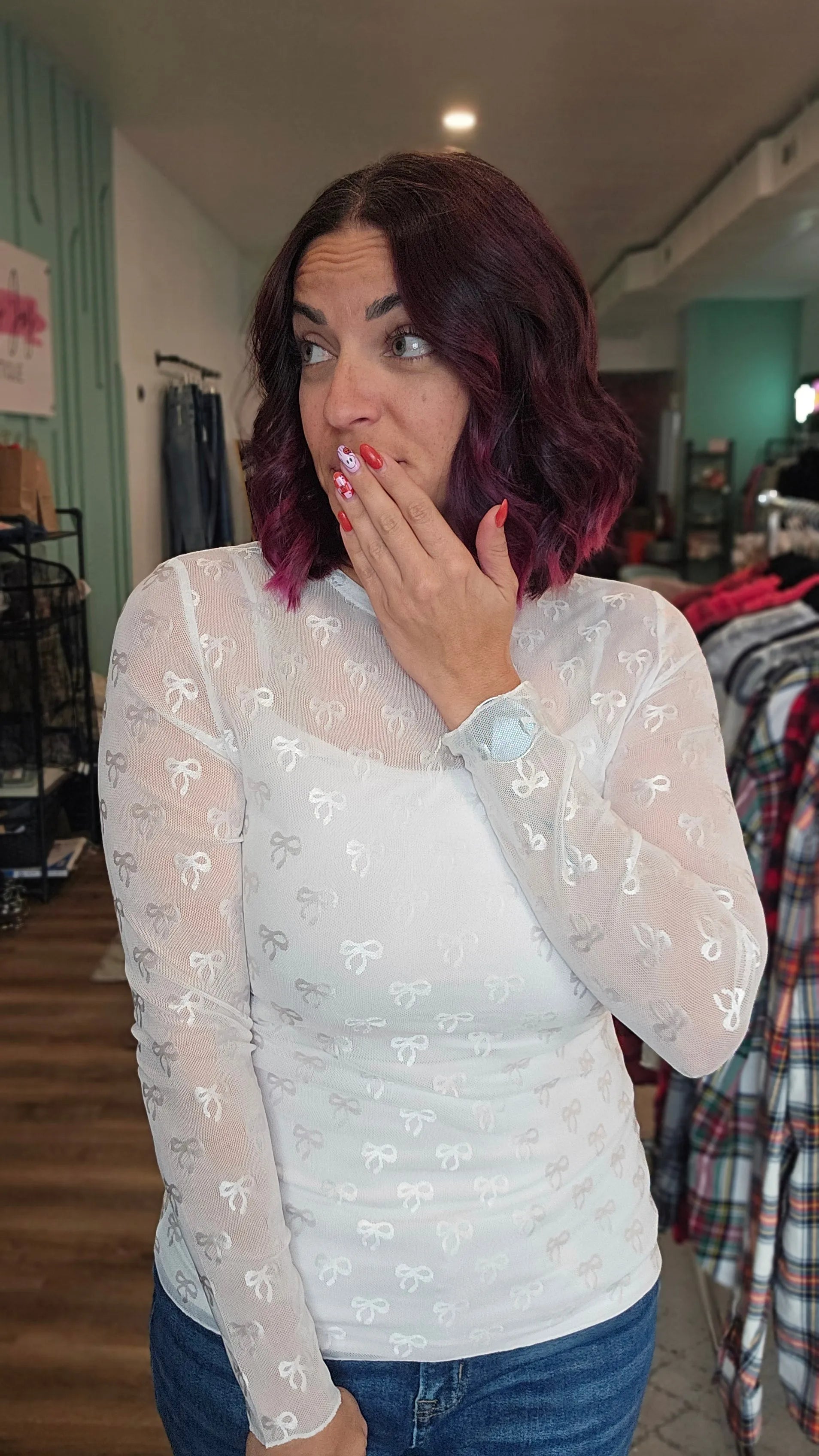 Shop Sheer Long Sleeve Layering Top - White Bow Lace- at Ruby Joy Boutique, a Women's Clothing Store in Pickerington, Ohio