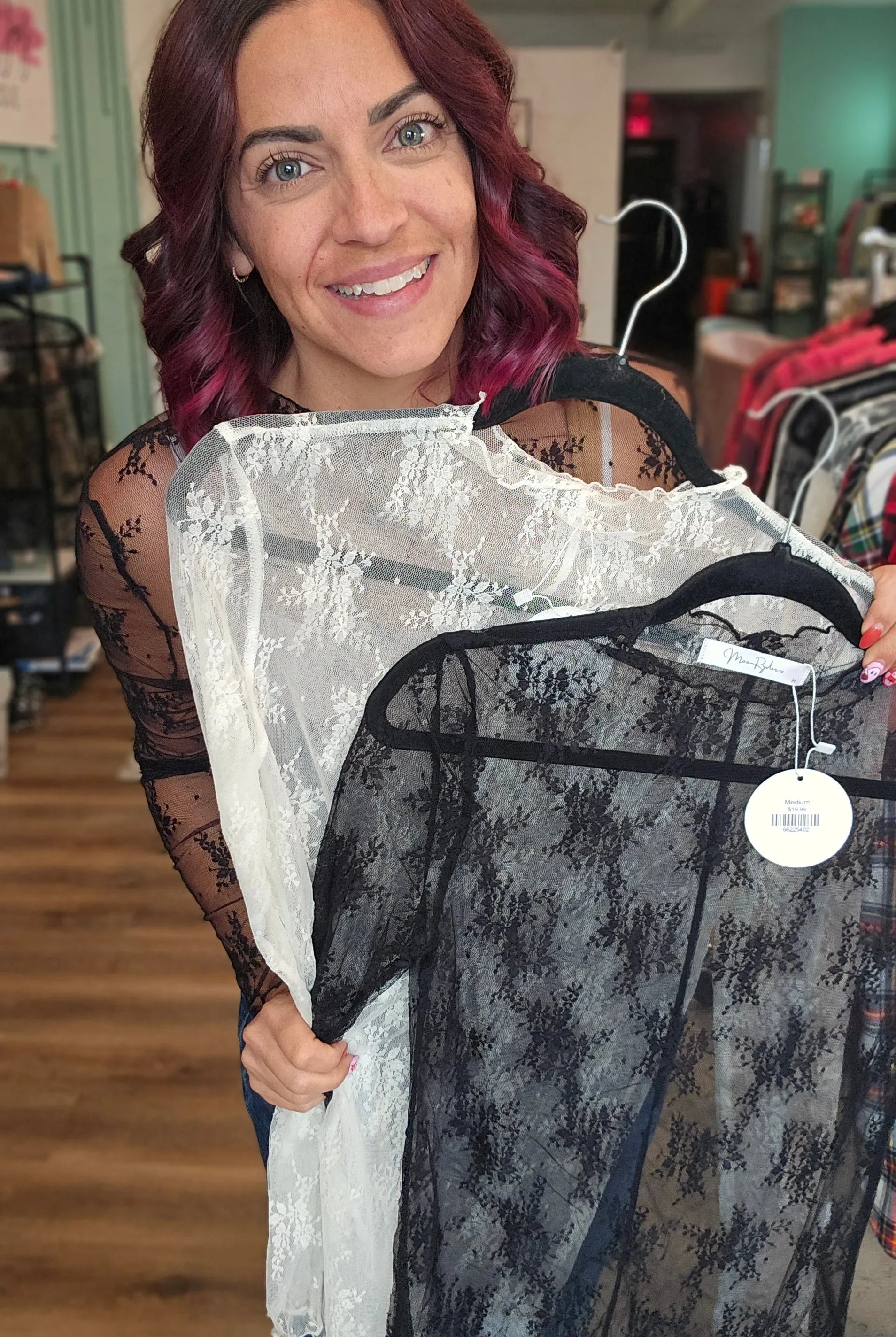 Shop Sheer Long Sleeve Layering Top - White Floral Lace- at Ruby Joy Boutique, a Women's Clothing Store in Pickerington, Ohio