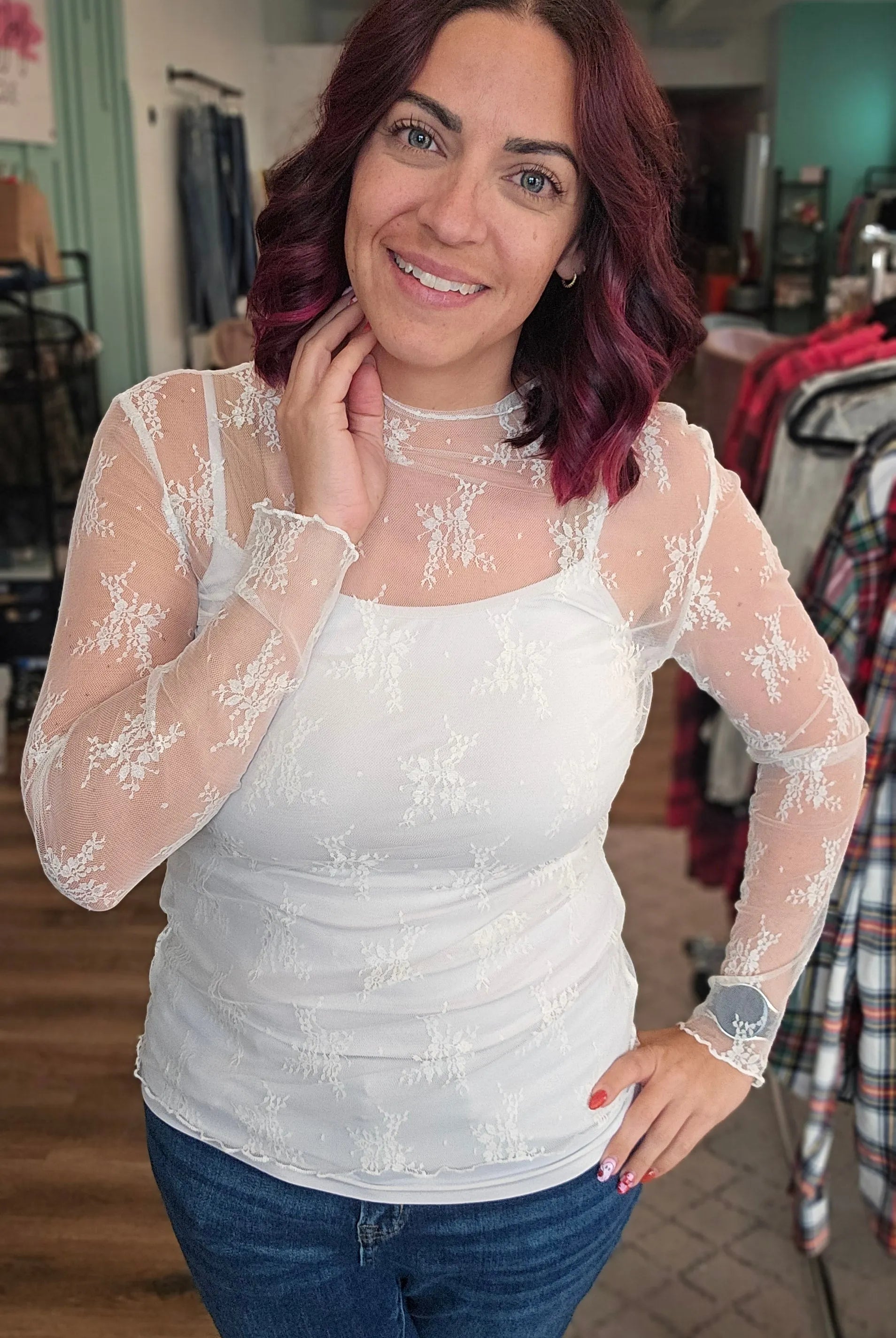 Shop Sheer Long Sleeve Layering Top - White Floral Lace- at Ruby Joy Boutique, a Women's Clothing Store in Pickerington, Ohio