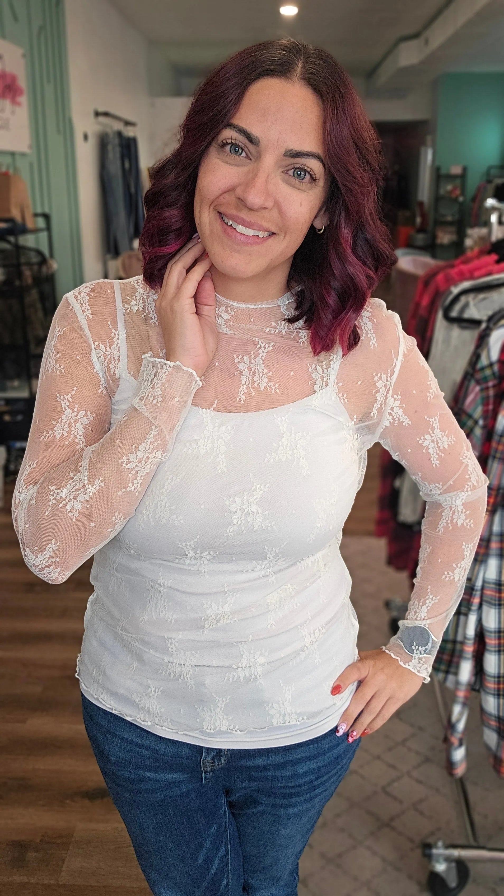 Shop Sheer Long Sleeve Layering Top - White Floral Lace- at Ruby Joy Boutique, a Women's Clothing Store in Pickerington, Ohio