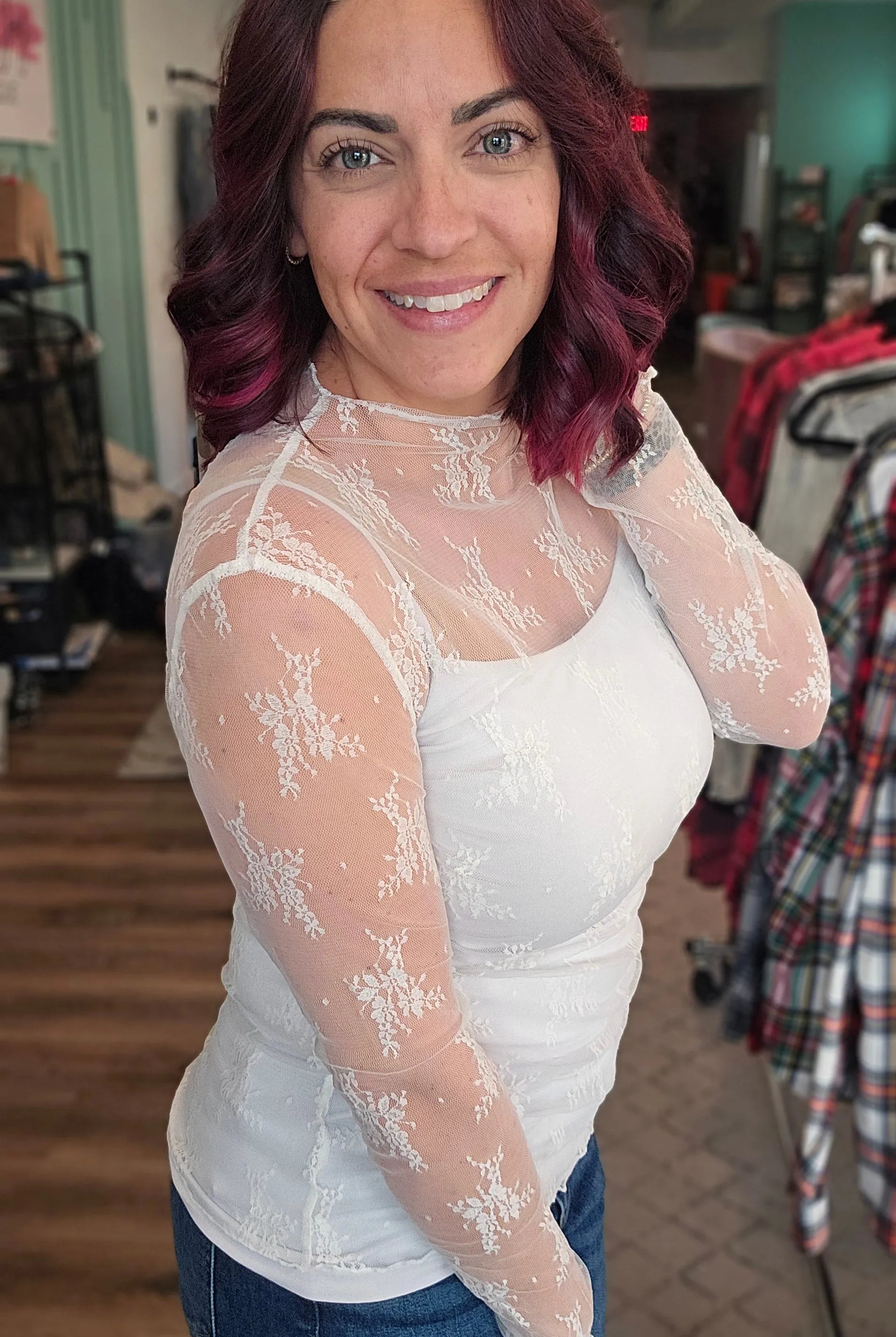 Shop Sheer Long Sleeve Layering Top - White Floral Lace- at Ruby Joy Boutique, a Women's Clothing Store in Pickerington, Ohio