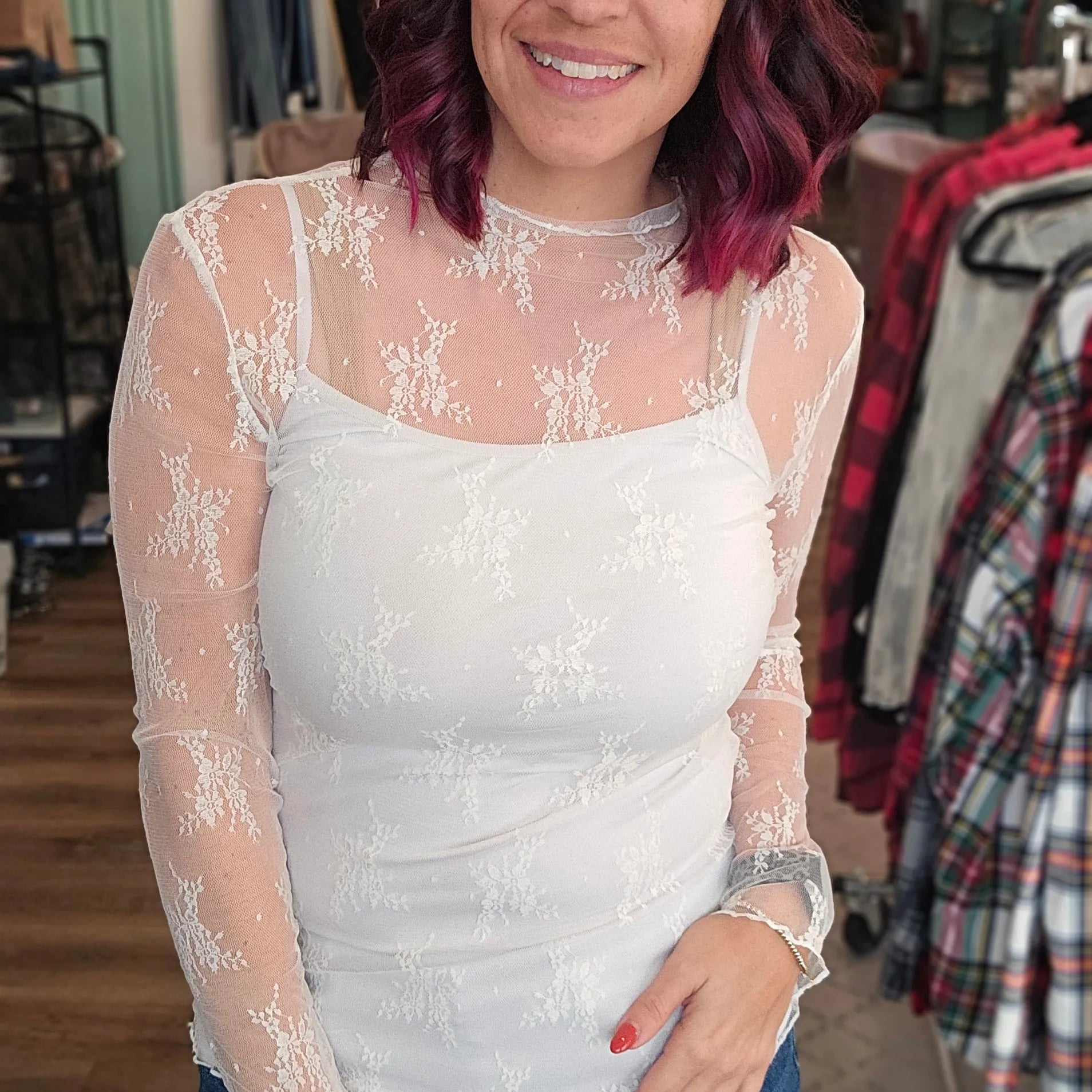 Shop Sheer Long Sleeve Layering Top - White Floral Lace- at Ruby Joy Boutique, a Women's Clothing Store in Pickerington, Ohio