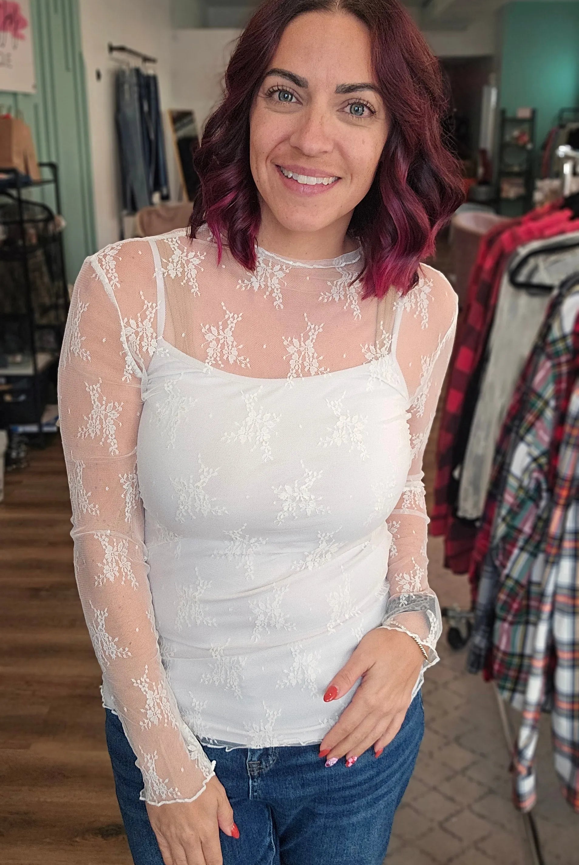 Shop Sheer Long Sleeve Layering Top - White Floral Lace- at Ruby Joy Boutique, a Women's Clothing Store in Pickerington, Ohio