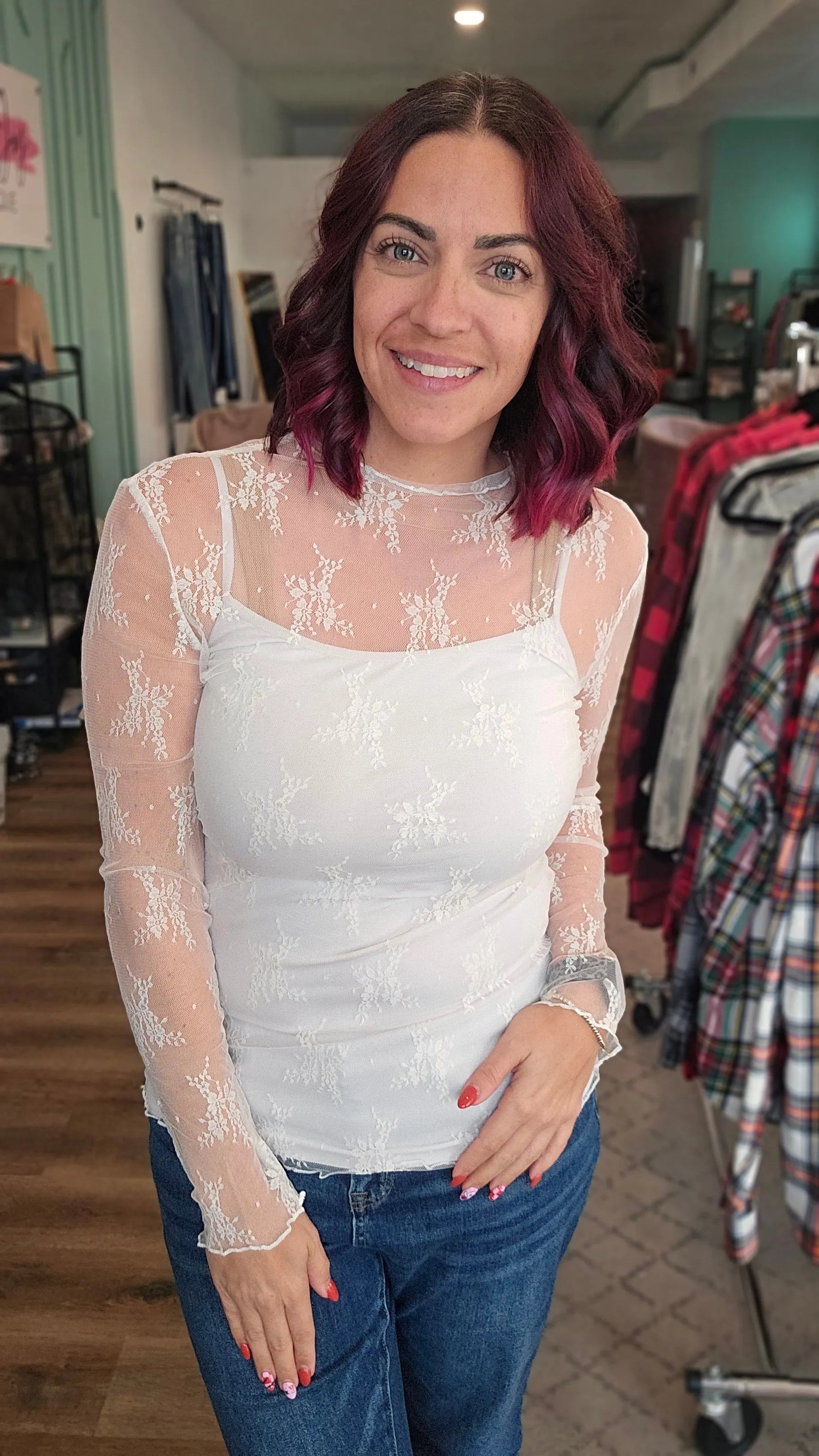 Shop Sheer Long Sleeve Layering Top - White Floral Lace- at Ruby Joy Boutique, a Women's Clothing Store in Pickerington, Ohio