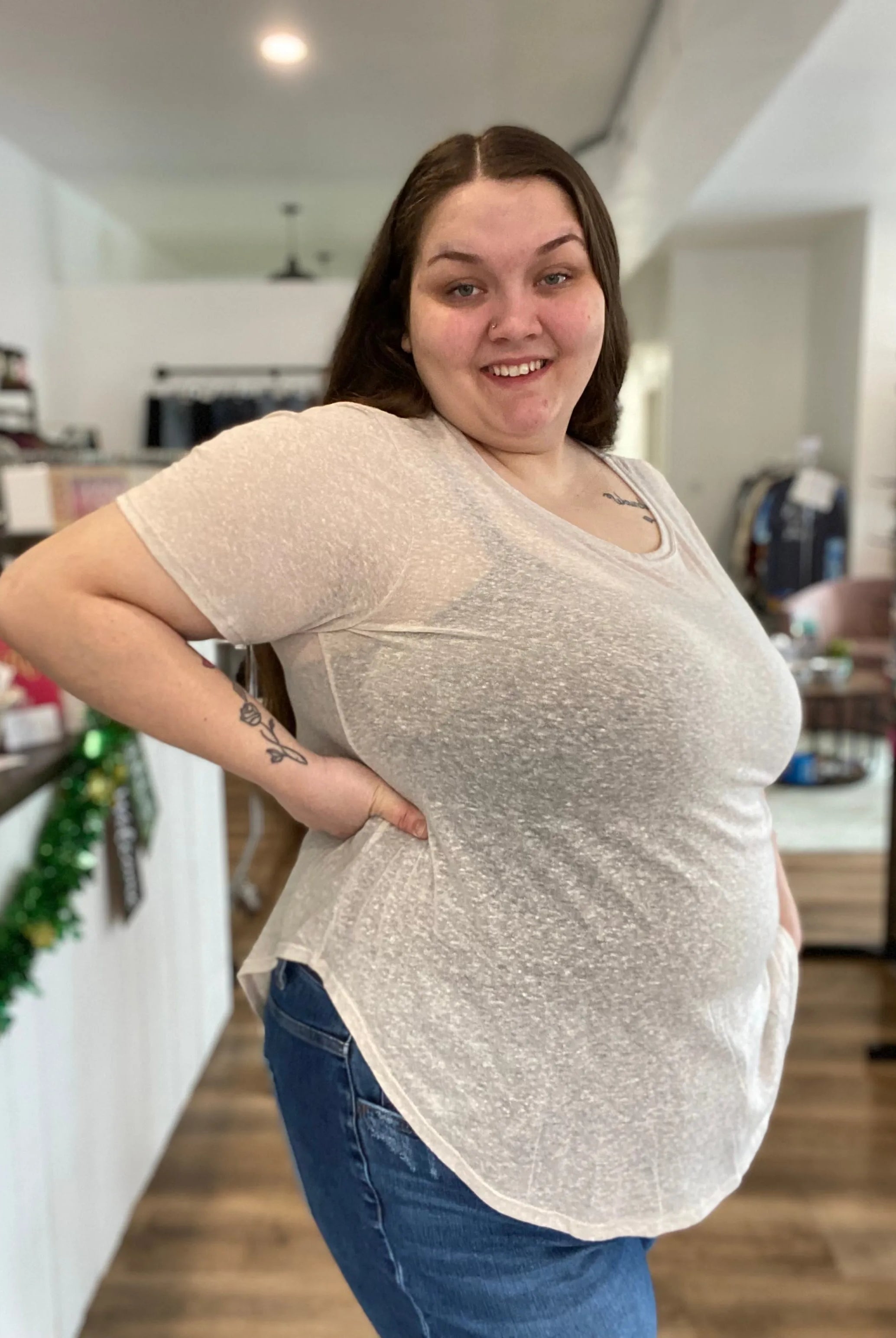 Shop Sheer Slub Knit Tee-Short Sleeve Top at Ruby Joy Boutique, a Women's Clothing Store in Pickerington, Ohio