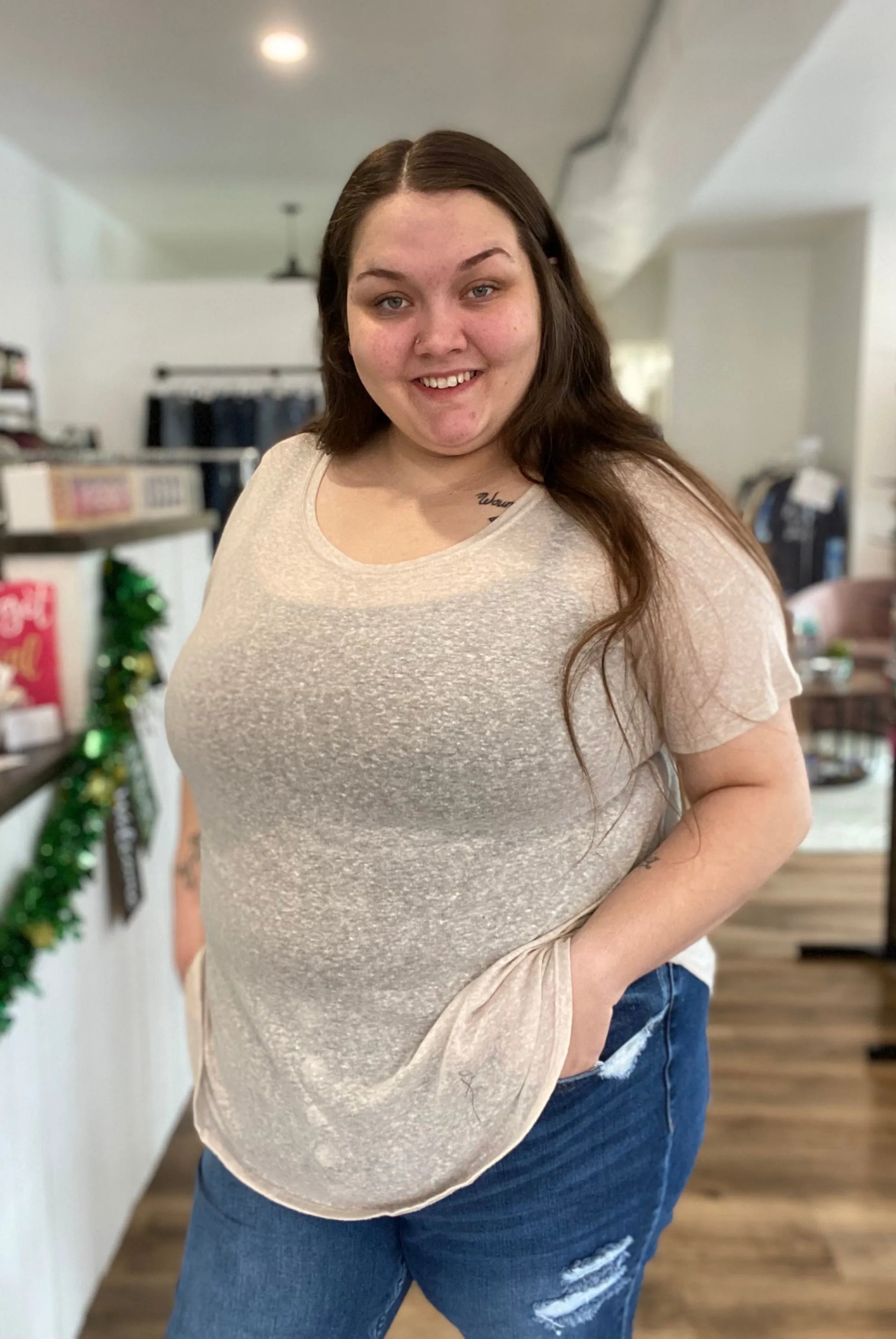 Shop Sheer Slub Knit Tee-Short Sleeve Top at Ruby Joy Boutique, a Women's Clothing Store in Pickerington, Ohio