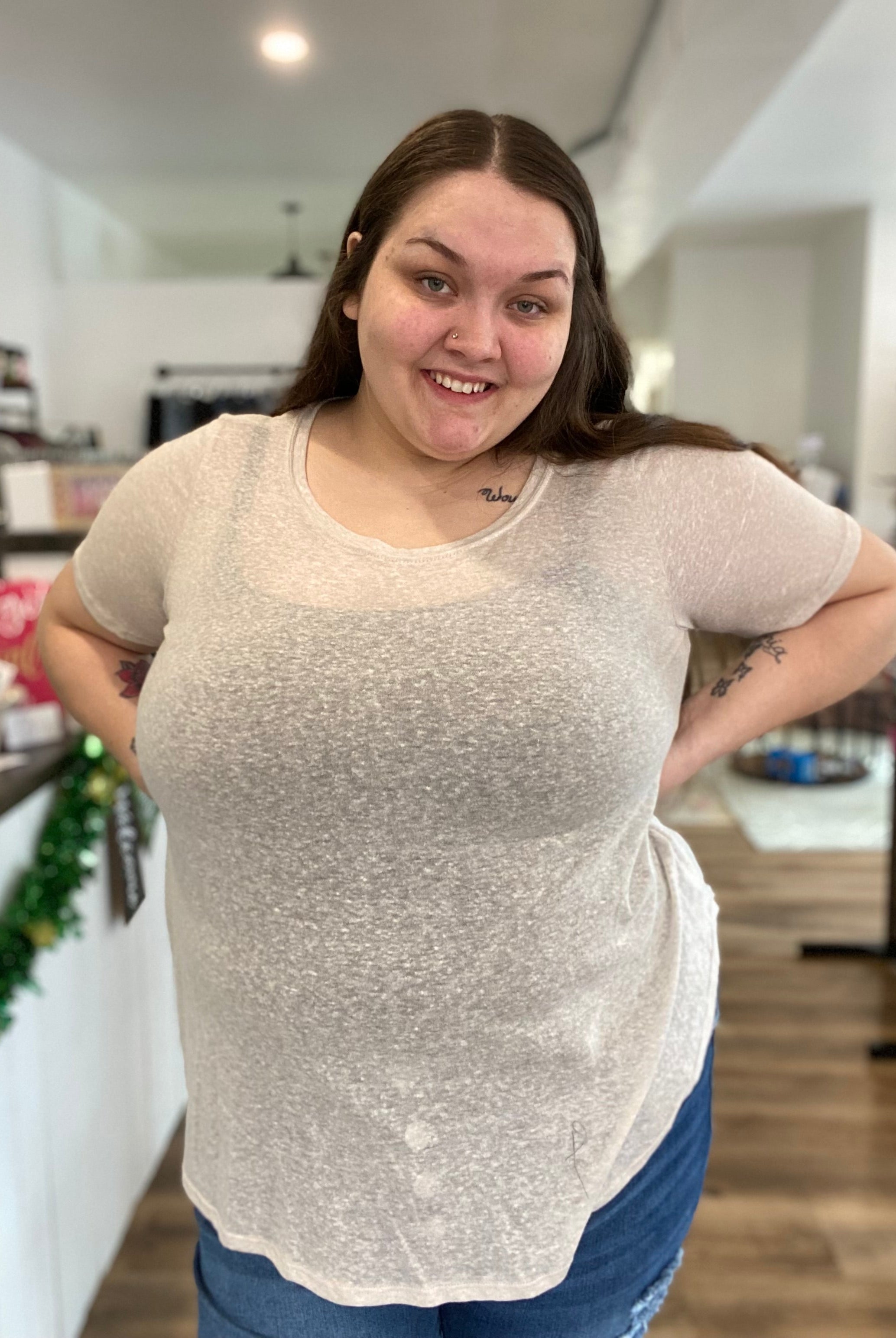 Shop Sheer Slub Knit Tee-Short Sleeve Top at Ruby Joy Boutique, a Women's Clothing Store in Pickerington, Ohio