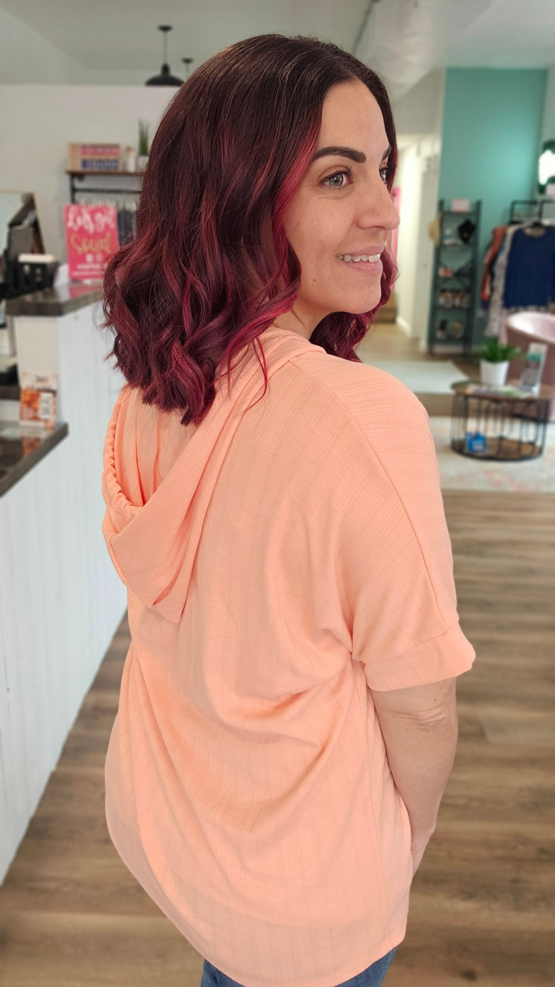 Shop Short Sleeve Hooded Tee - Coral-Shirts & Tops at Ruby Joy Boutique, a Women's Clothing Store in Pickerington, Ohio