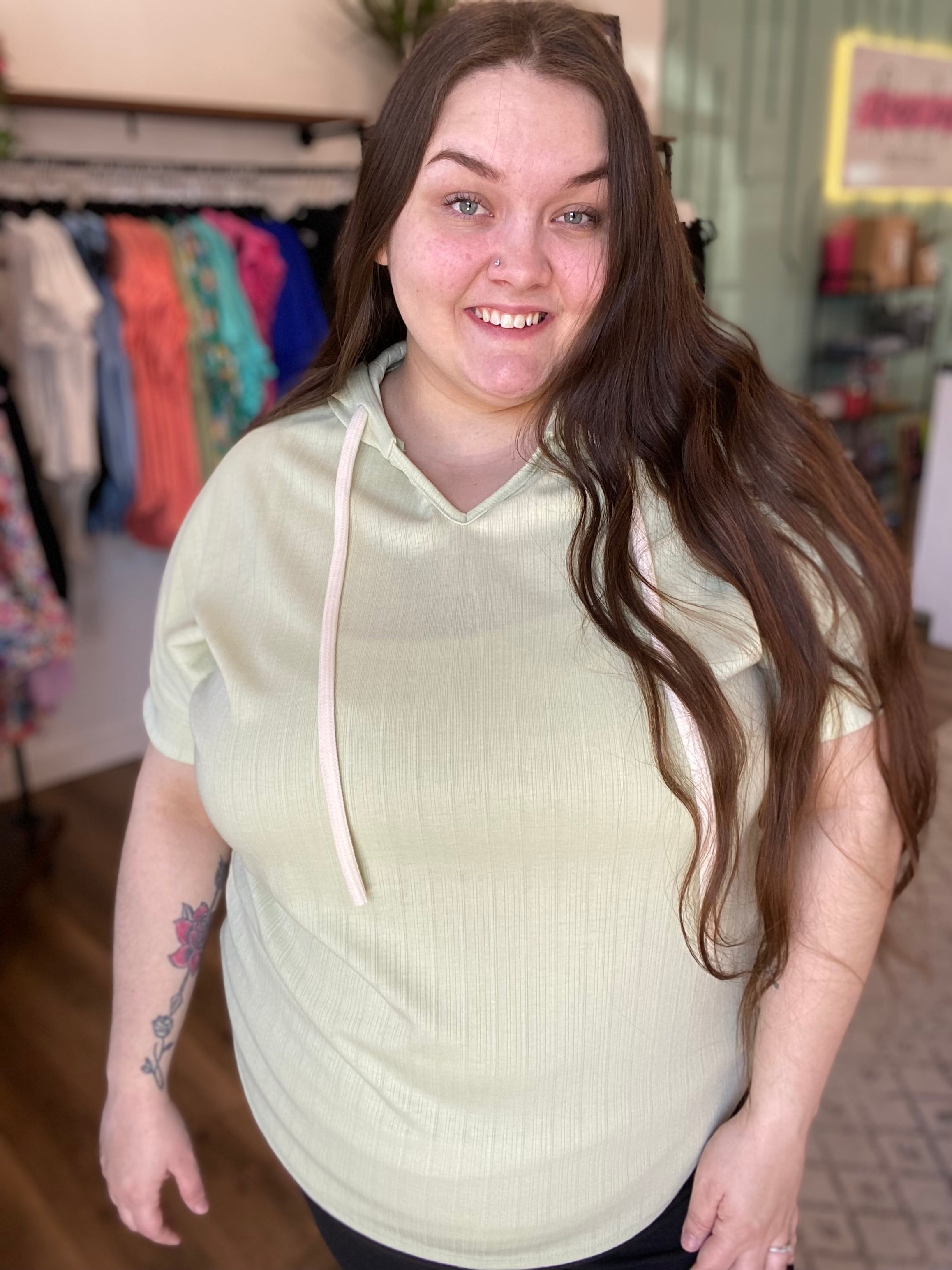 Shop Short Sleeve Hooded Tee - Lime-Shirts & Tops at Ruby Joy Boutique, a Women's Clothing Store in Pickerington, Ohio