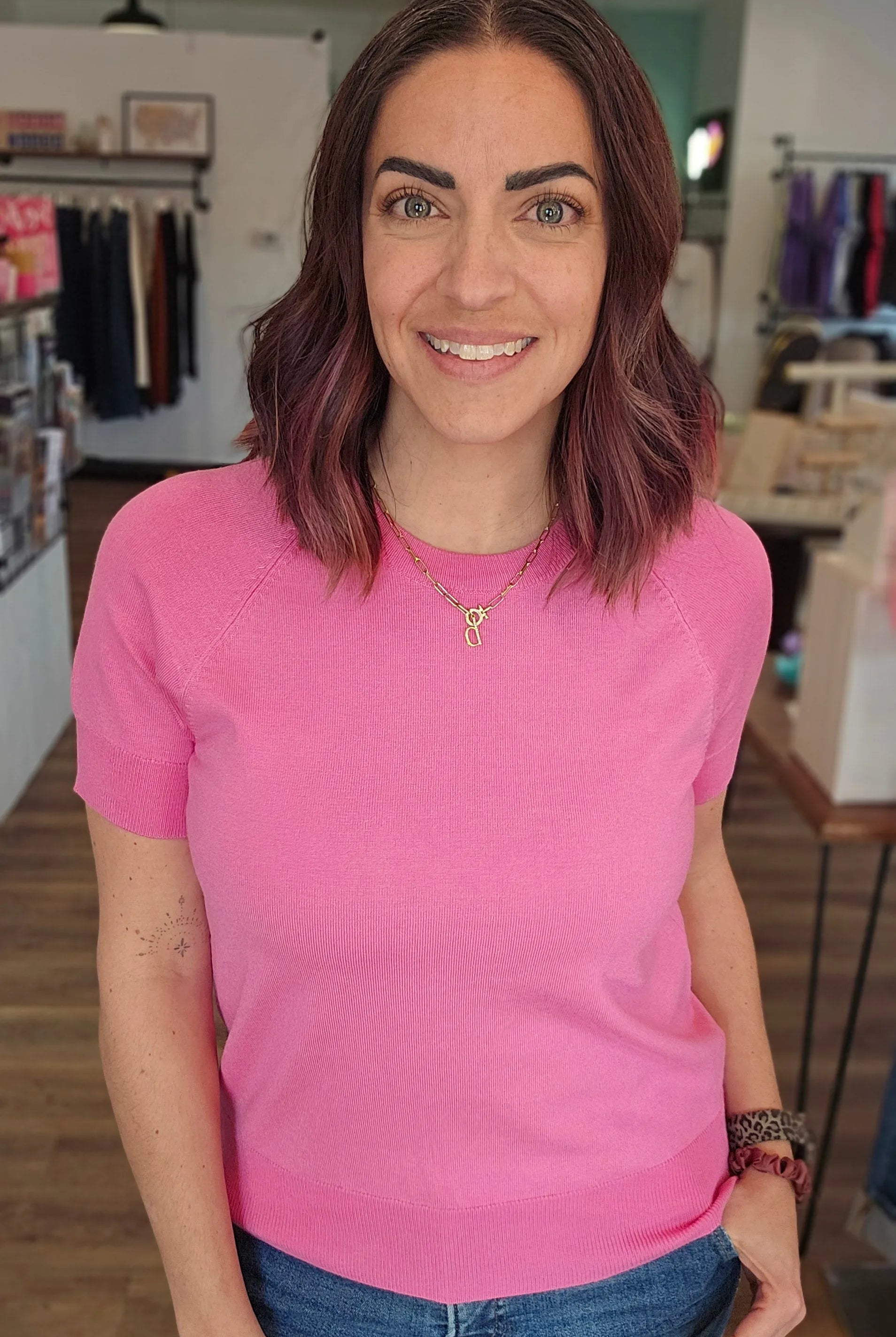 Shop Short Sleeve Raglan Sweater – Pink- at Ruby Joy Boutique, a Women's Clothing Store in Pickerington, Ohio