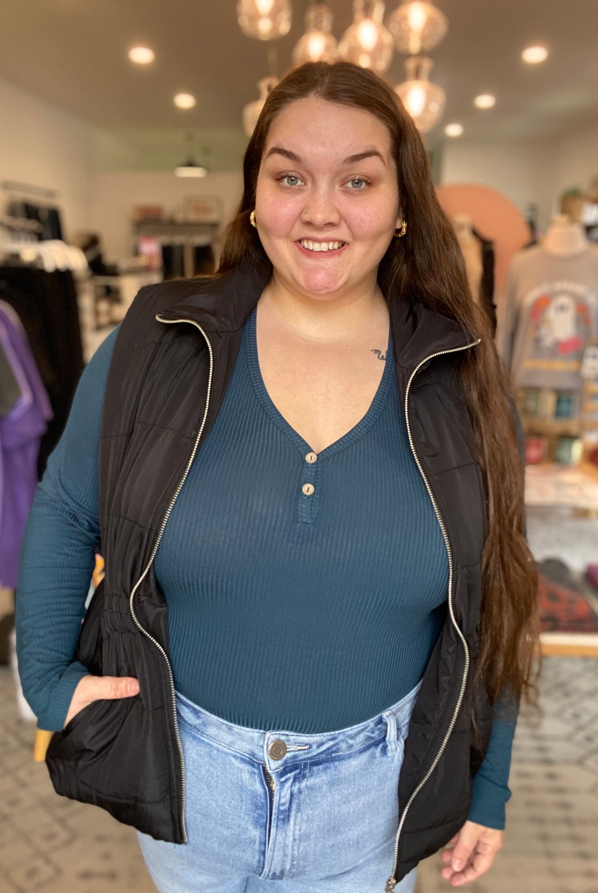 Shop Side Tie Quilted Puffer Vest - Black- at Ruby Joy Boutique, a Women's Clothing Store in Pickerington, Ohio
