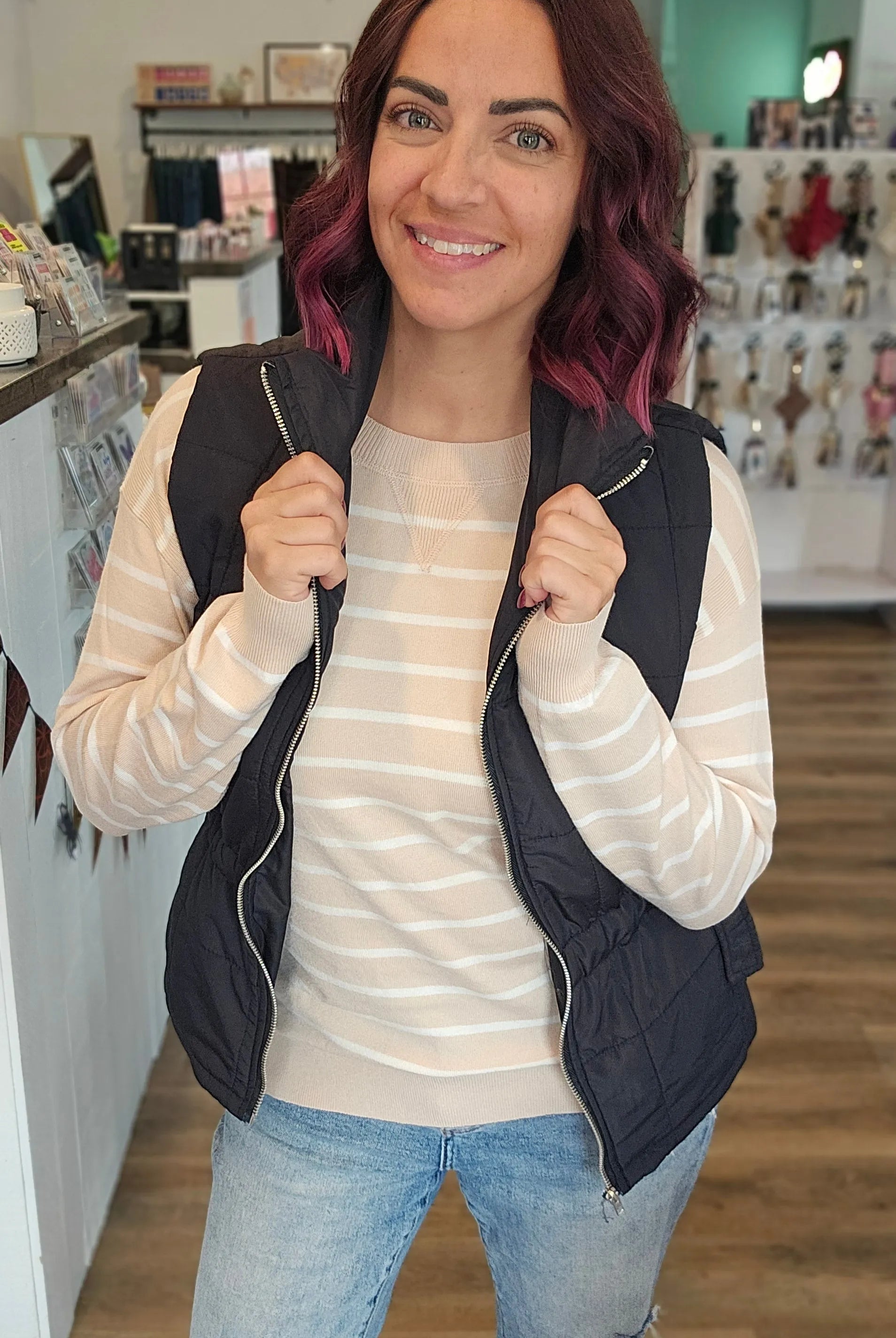 Shop Side Tie Quilted Puffer Vest - Black- at Ruby Joy Boutique, a Women's Clothing Store in Pickerington, Ohio