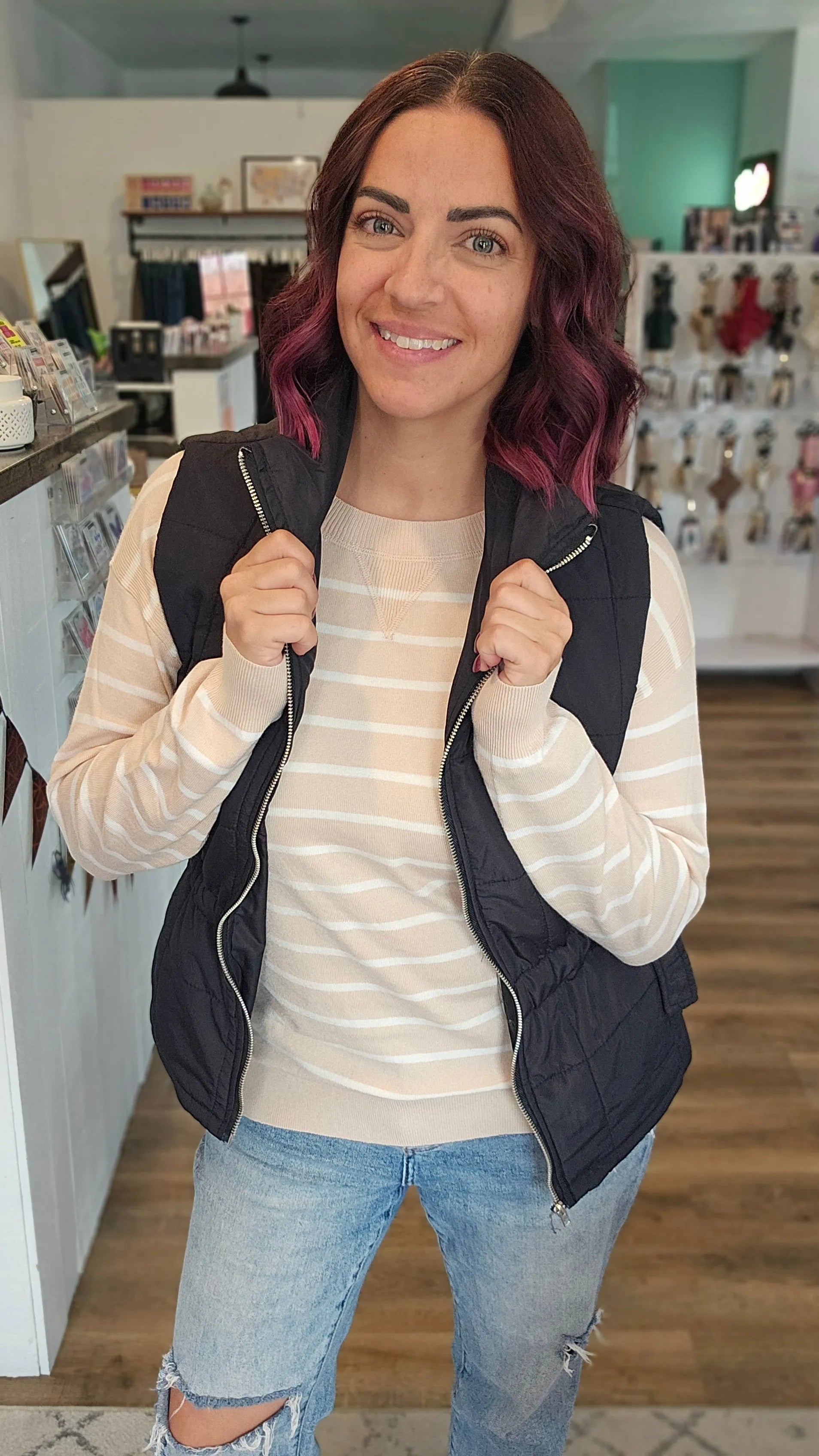 Shop Side Tie Quilted Puffer Vest - Black- at Ruby Joy Boutique, a Women's Clothing Store in Pickerington, Ohio