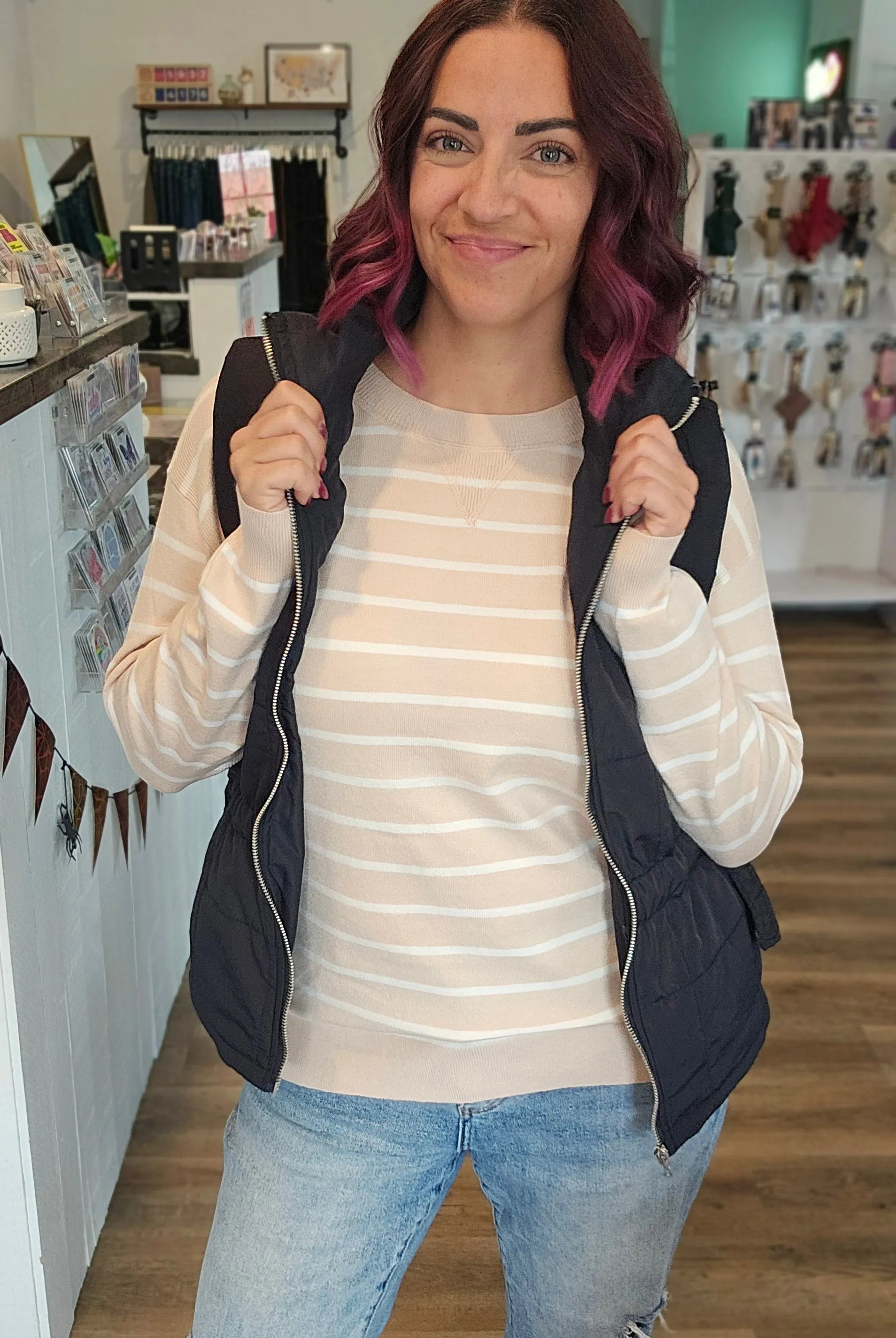 Shop Side Tie Quilted Puffer Vest - Black- at Ruby Joy Boutique, a Women's Clothing Store in Pickerington, Ohio