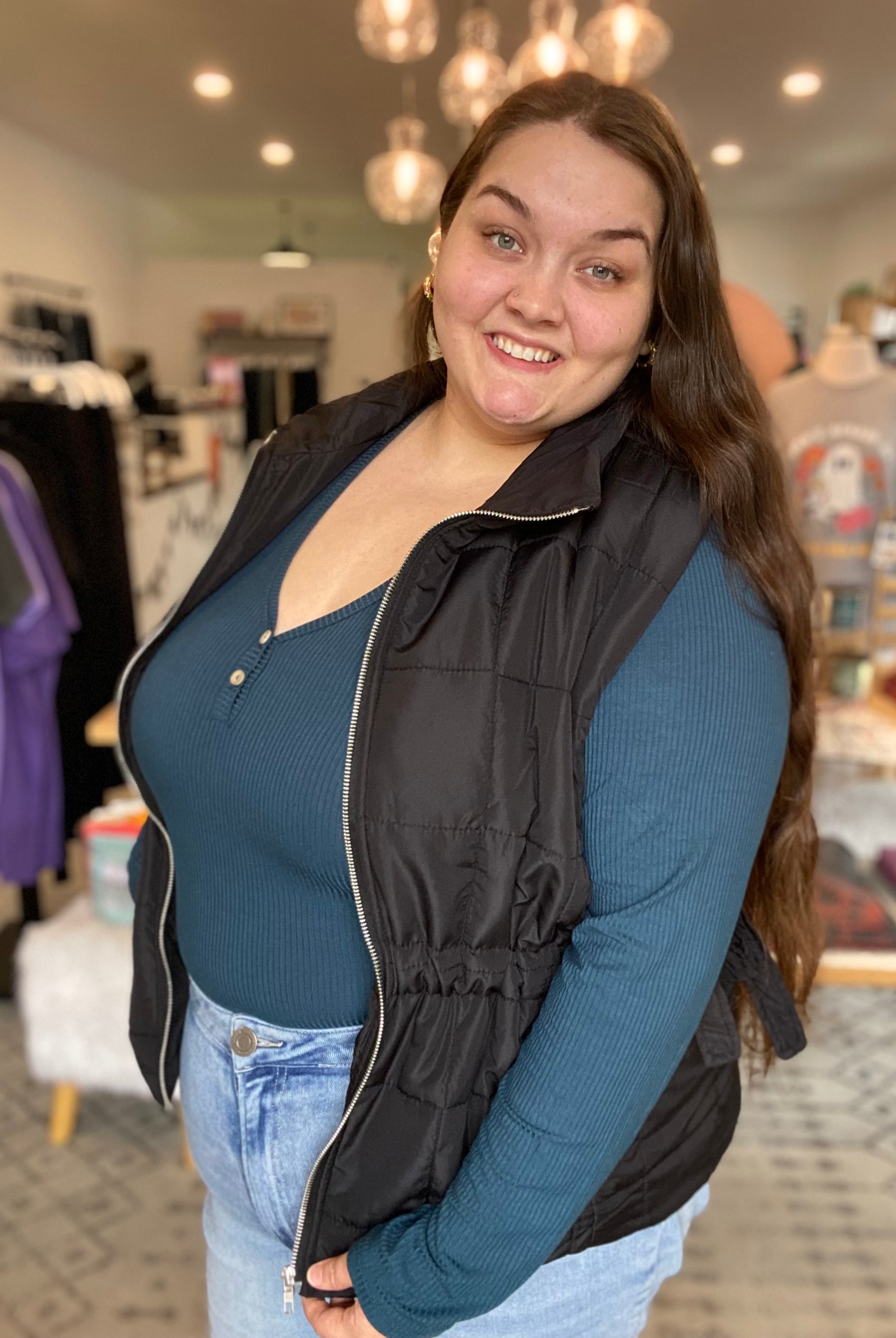 Shop Side Tie Quilted Puffer Vest - Black- at Ruby Joy Boutique, a Women's Clothing Store in Pickerington, Ohio