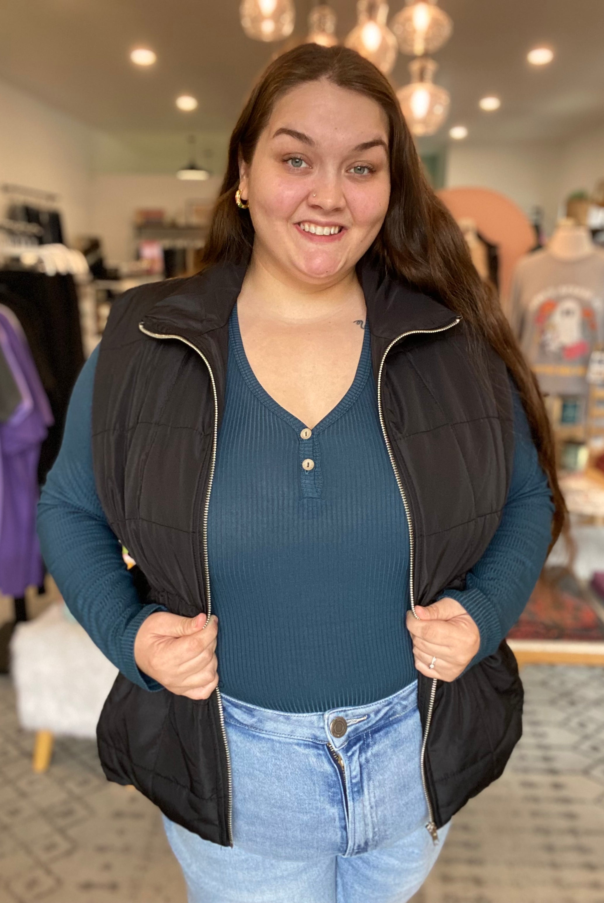Shop Side Tie Quilted Puffer Vest - Black- at Ruby Joy Boutique, a Women's Clothing Store in Pickerington, Ohio
