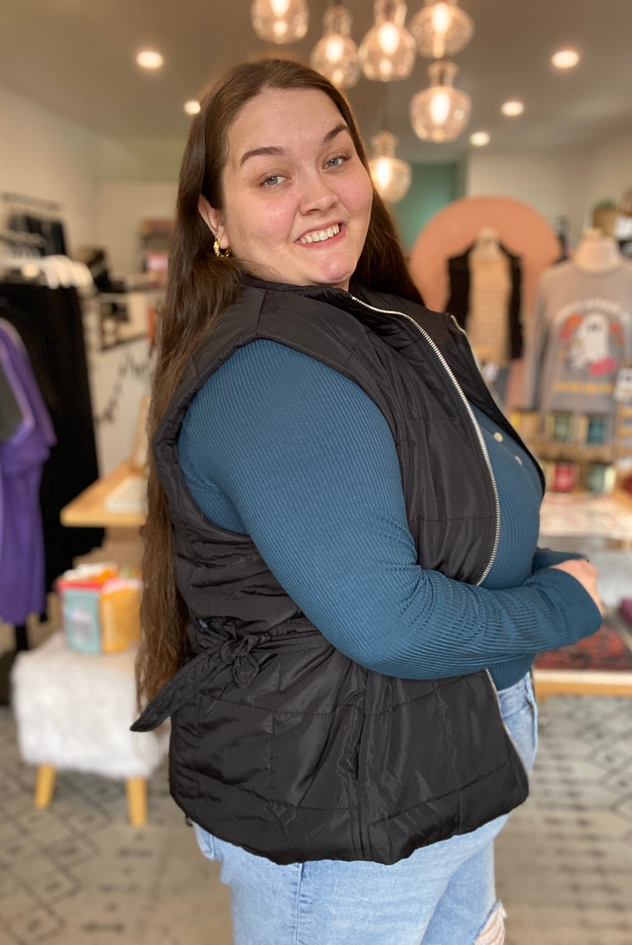 Shop Side Tie Quilted Puffer Vest - Black- at Ruby Joy Boutique, a Women's Clothing Store in Pickerington, Ohio
