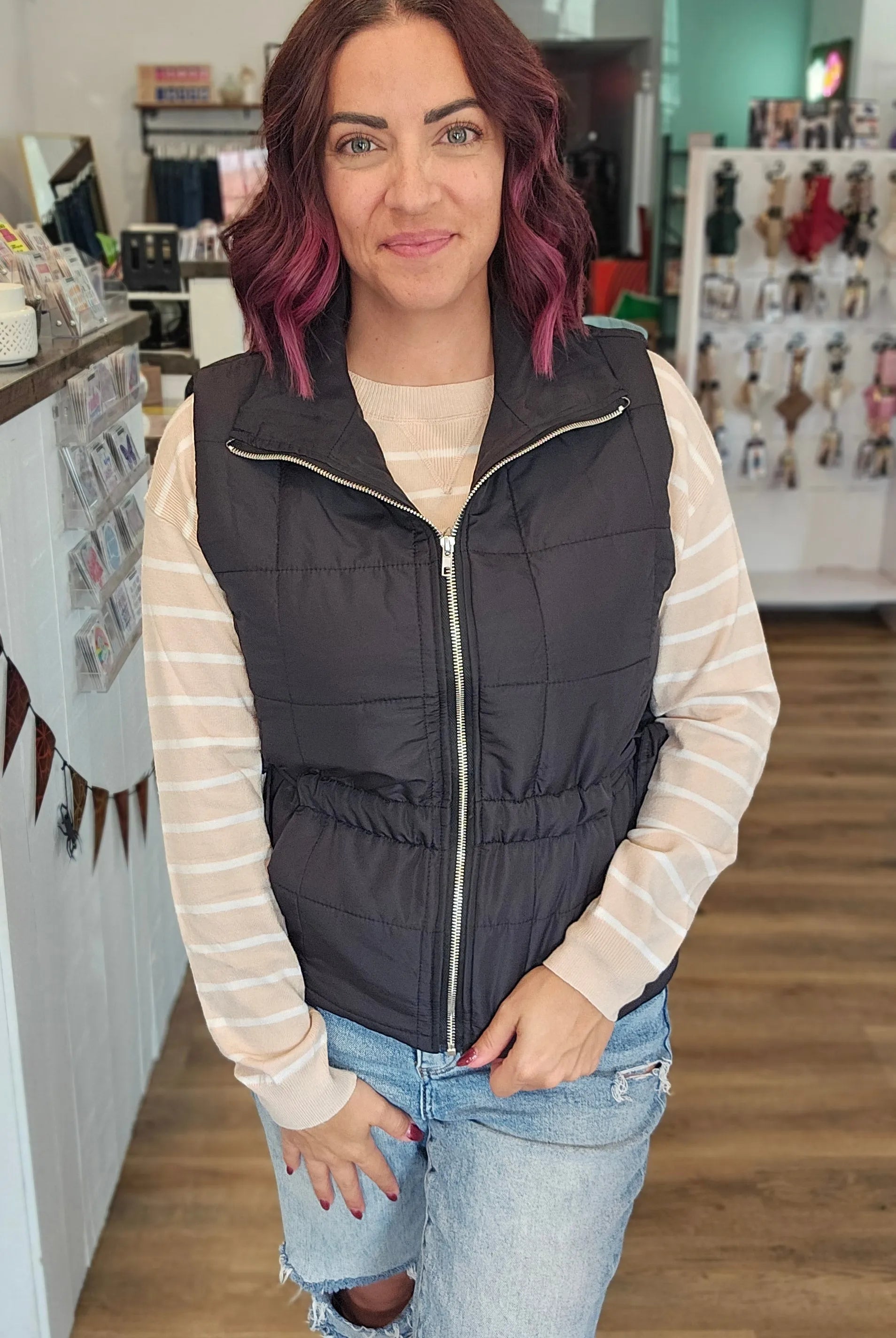 Shop Side Tie Quilted Puffer Vest - Black- at Ruby Joy Boutique, a Women's Clothing Store in Pickerington, Ohio