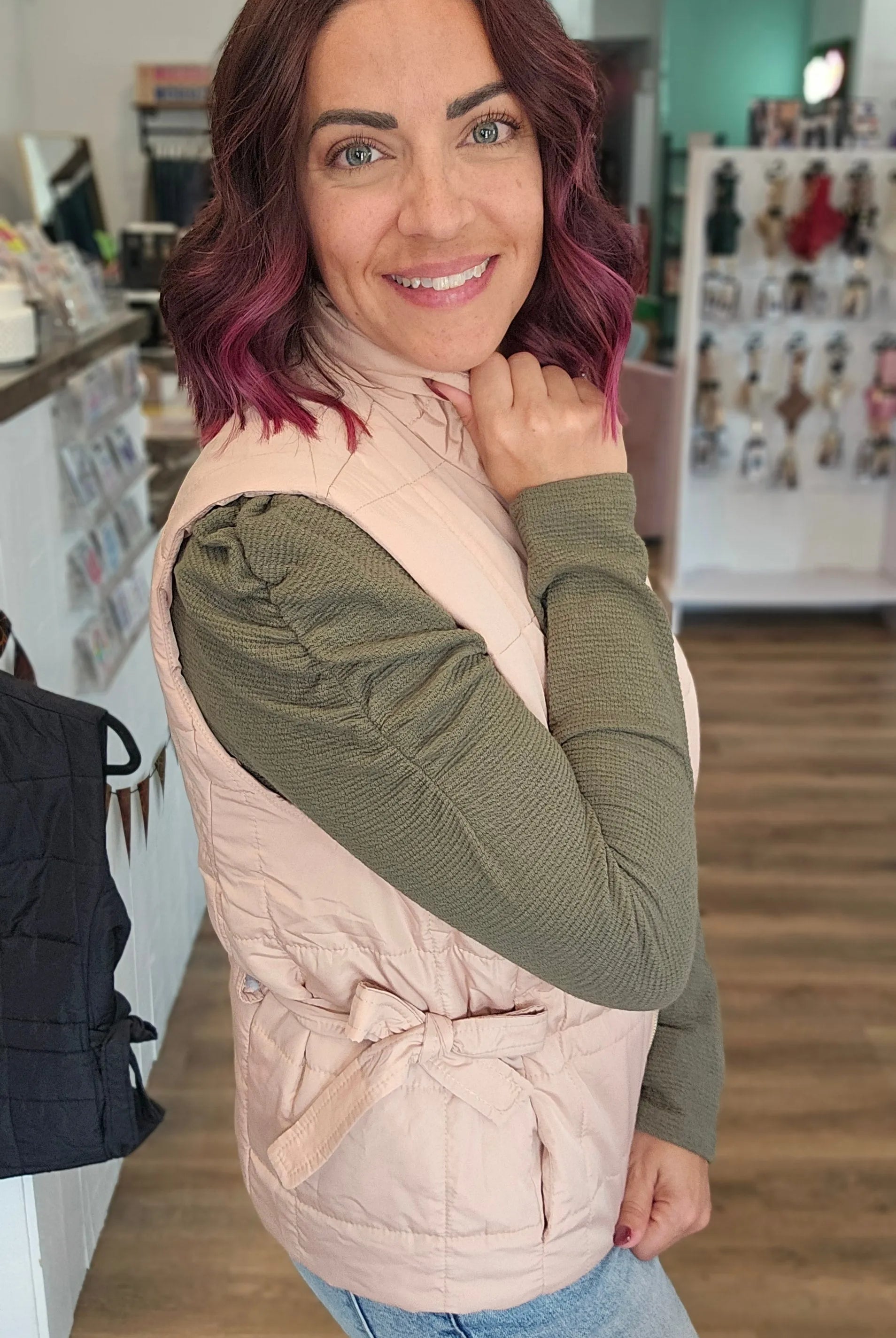 Shop Side Tie Quilted Puffer Vest - Tan- at Ruby Joy Boutique, a Women's Clothing Store in Pickerington, Ohio