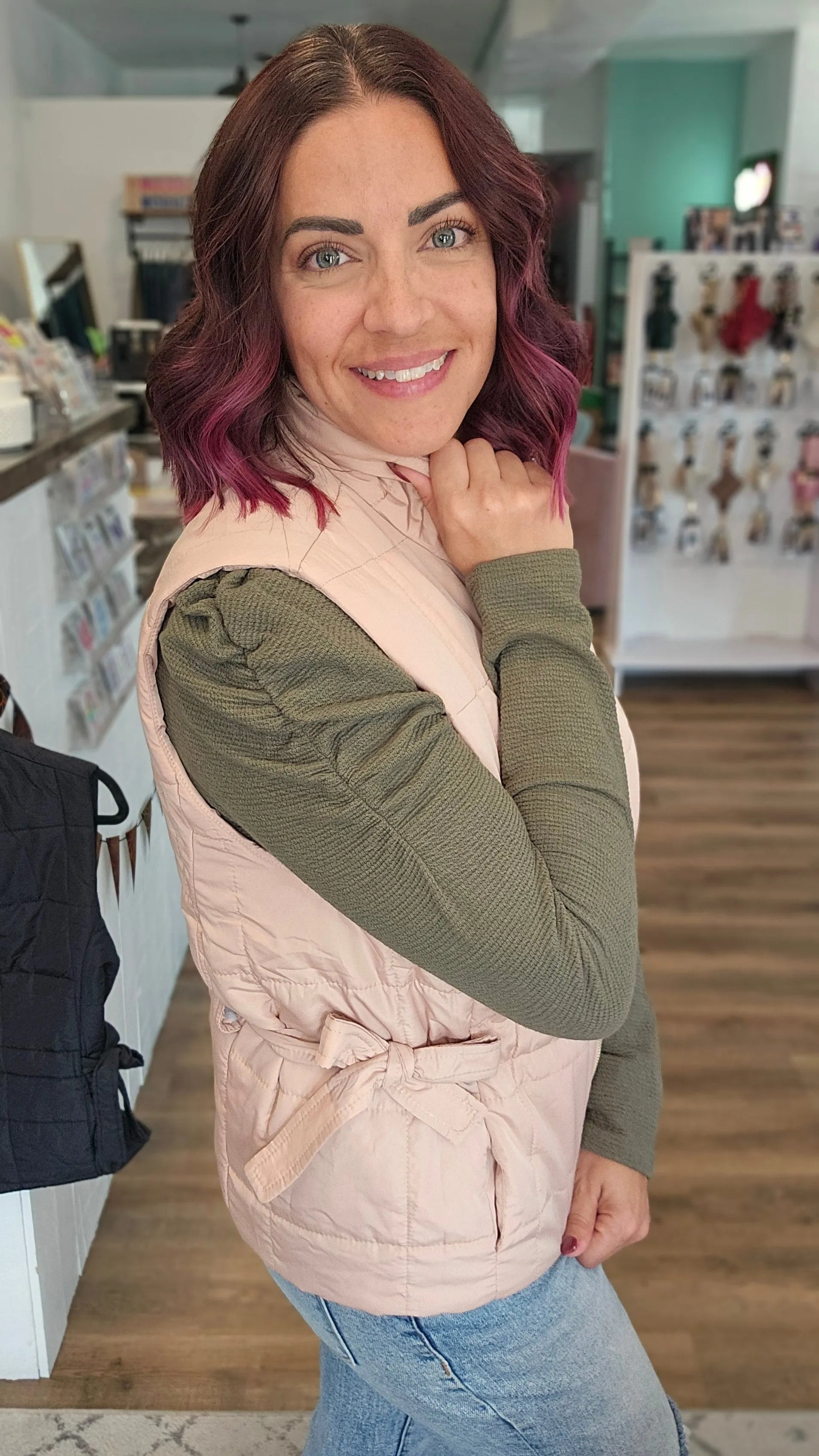Shop Side Tie Quilted Puffer Vest - Tan- at Ruby Joy Boutique, a Women's Clothing Store in Pickerington, Ohio